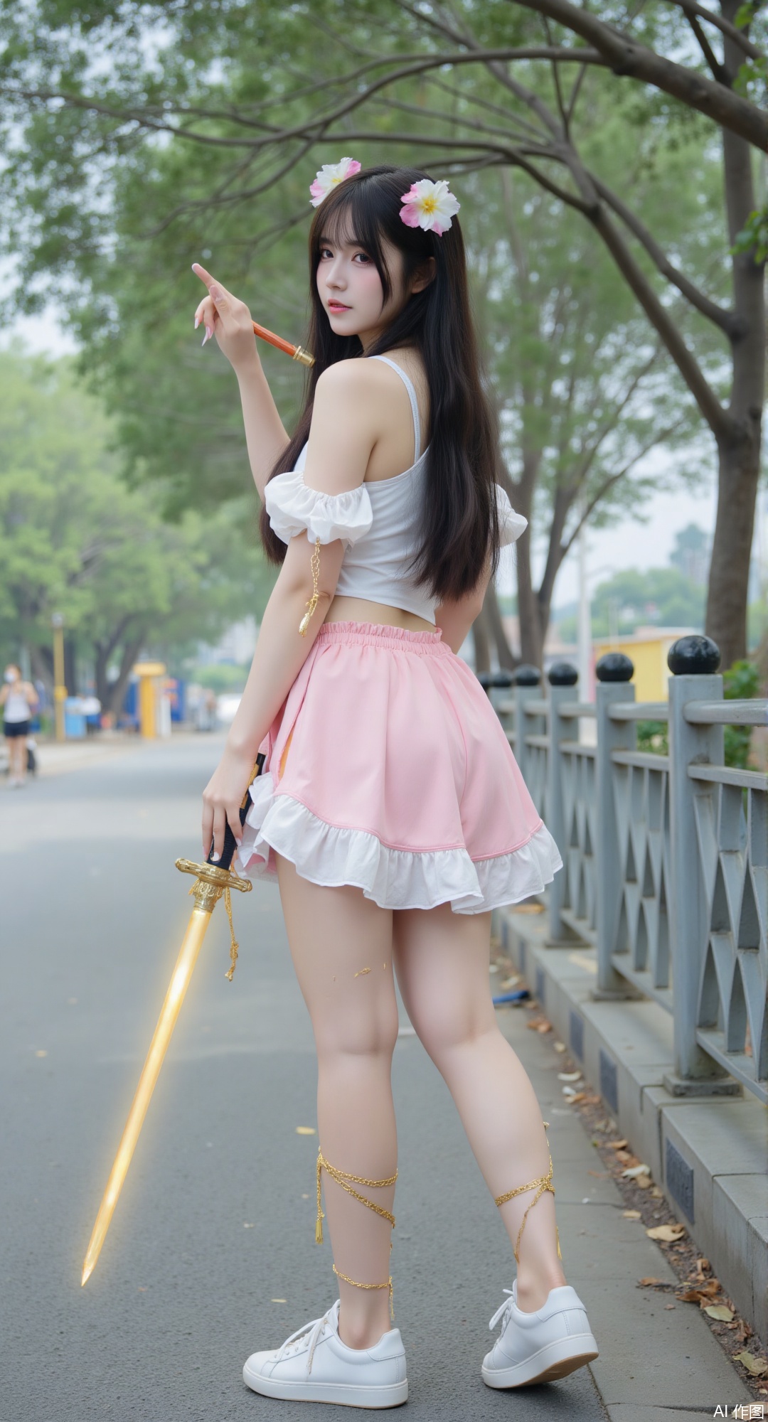 1girl, solo, long hair, skirt, black hair, hair ornament, brown eyes, jewelry, standing, full body, weapon, flower, outdoors, white sport shoes, belt, sword, hair flower, tree, glowing, chinese clothes, white footwear, realistic, glowing weapon, energy sword, glowing sword,golden legs chains