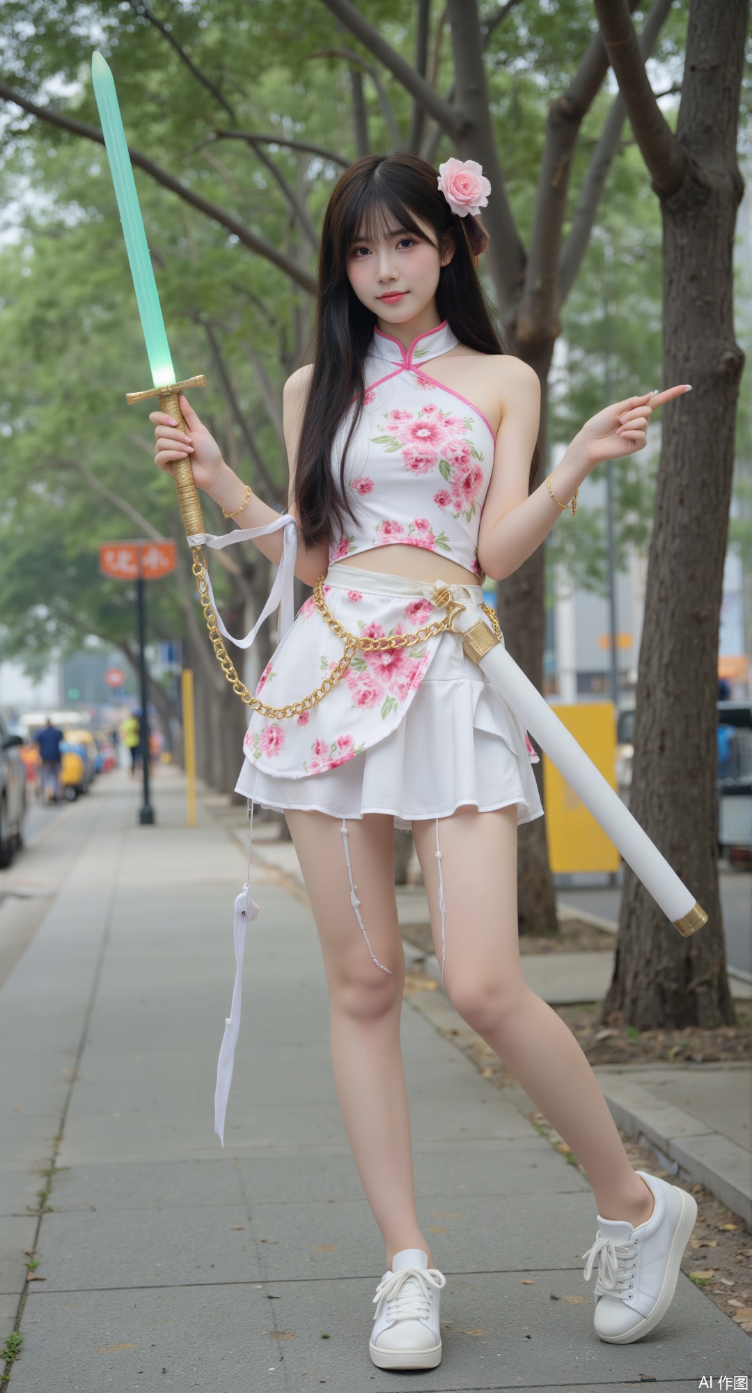 1girl, solo, long hair, skirt, black hair, hair ornament, brown eyes, jewelry, standing, full body, weapon, flower, outdoors, white sport shoes, belt, sword, hair flower, tree, glowing, chinese clothes, white footwear, realistic, glowing weapon, energy sword, glowing sword,golden legs chains，square