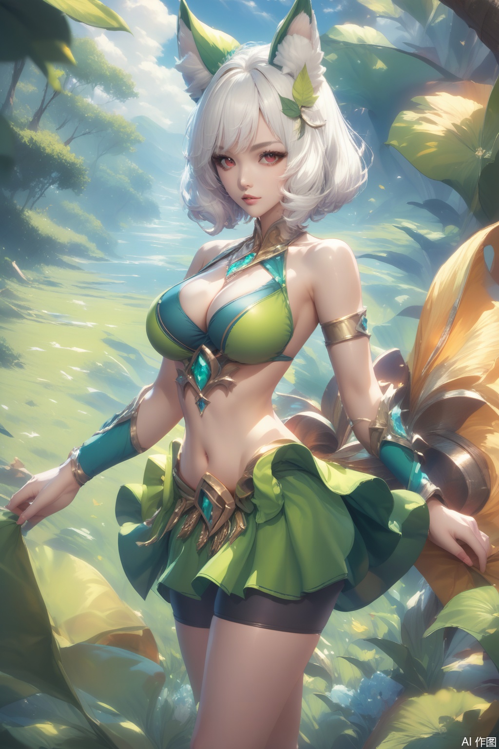 score_9,score_8_up,score_7_up,1girl,solo,breasts,navel,cleavage,skirt,midriff,short hair,high heels,animal ears,bike shorts,large breasts,looking at viewer,red eyes,leaf,medium breasts,hair ornament,bare shoulders,grey eyes,swimsuit,armlet,bikini,white hair,bangs,gem,jewelry,green skirt, Face me,upper body,looking at viewer,in a meadow,in a meadow,