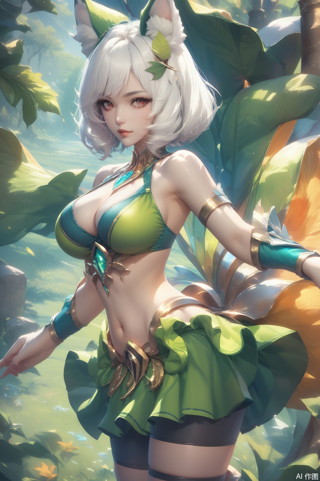 score_9,score_8_up,score_7_up,1girl,solo,breasts,navel,cleavage,skirt,midriff,short hair,high heels,animal ears,bike shorts,large breasts,looking at viewer,red eyes,leaf,medium breasts,hair ornament,bare shoulders,grey eyes,swimsuit,armlet,bikini,white hair,bangs,gem,jewelry,green skirt, Face me,upper body,looking at viewer,in a meadow,in a meadow,