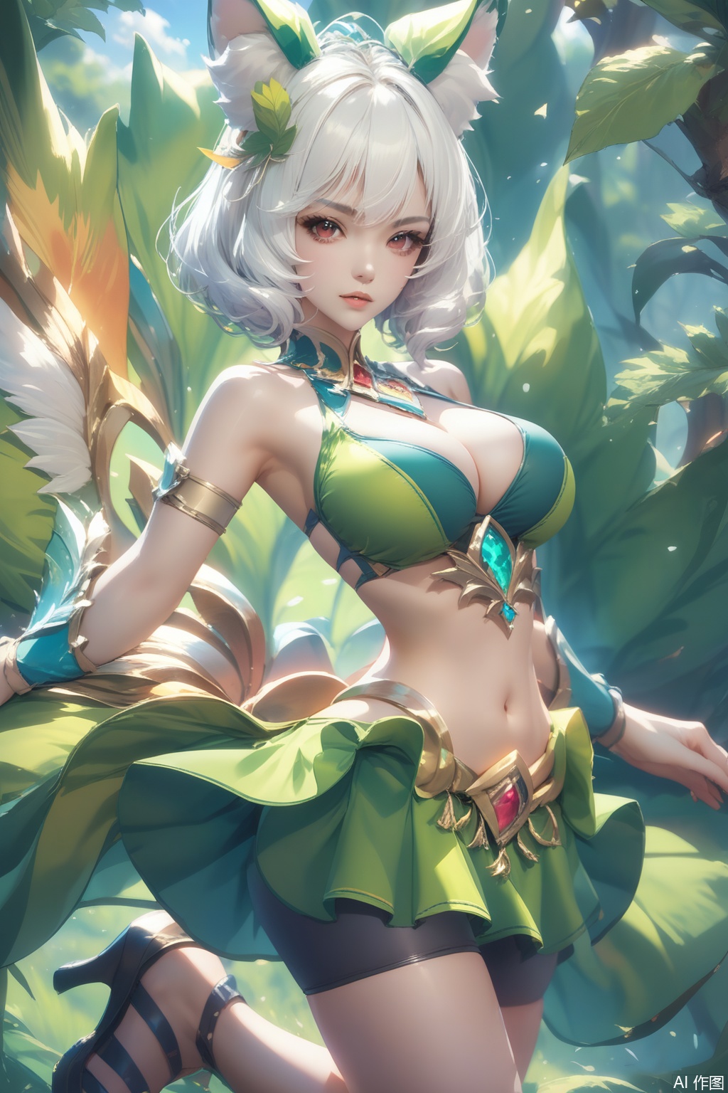 score_9,score_8_up,score_7_up,1girl,solo,breasts,navel,cleavage,skirt,midriff,short hair,high heels,animal ears,bike shorts,large breasts,looking at viewer,red eyes,leaf,medium breasts,hair ornament,bare shoulders,grey eyes,swimsuit,armlet,bikini,white hair,bangs,gem,jewelry,green skirt, Face me,upper body,looking at viewer,in a meadow,in a meadow,