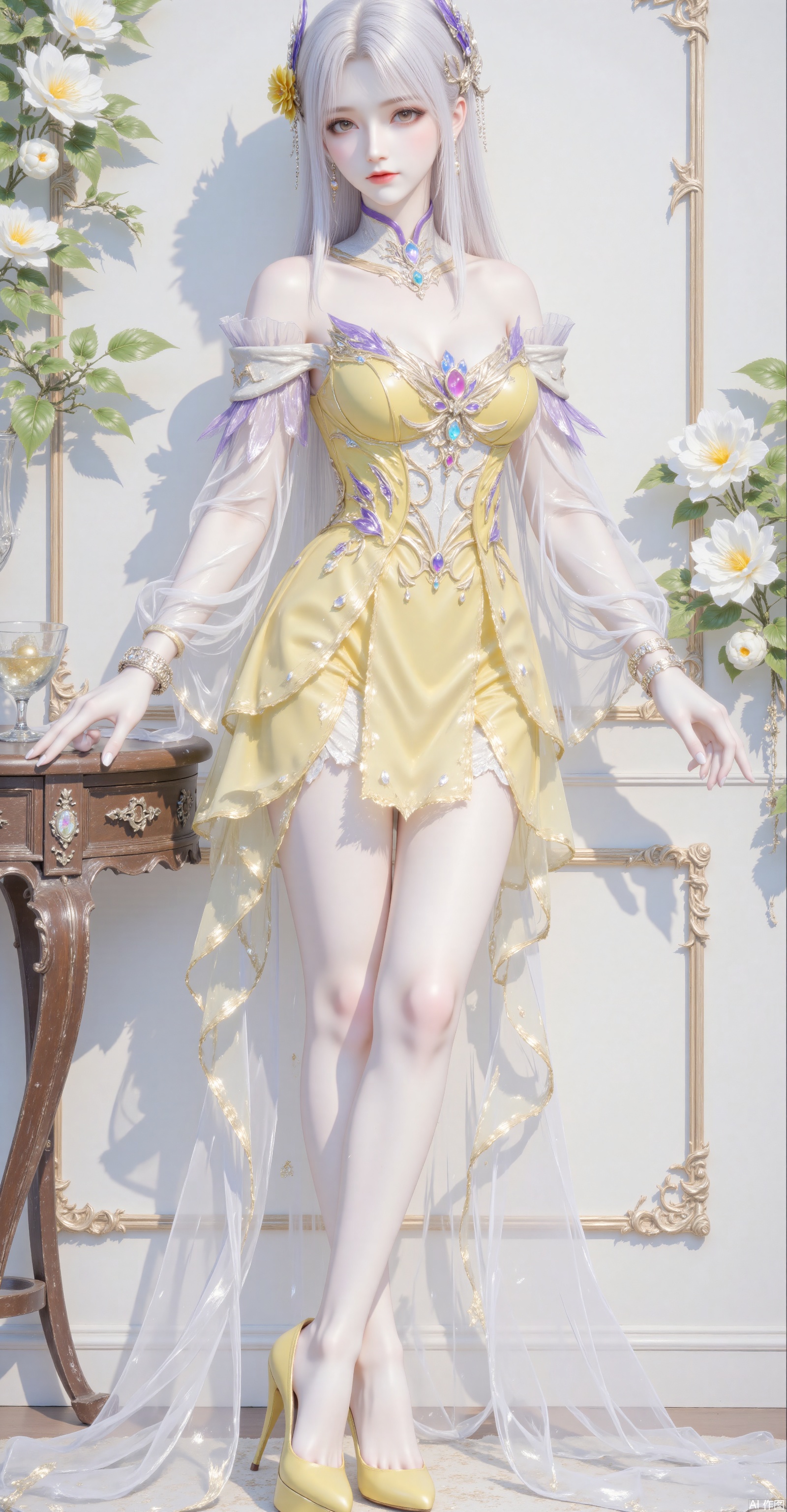 1girl,solo,Girls wearing, chinese_style,crescent_hair_ornament,earrings,lace-trimmed_hairband,necklace,jewelry,crystal,brooch,bell,ring,bangle,pearl bracelet,sapphire brooch,lolita_fashion,yellow shining Romantic Lolita,full body,white long_gloves,Gloves wrap around fingers,white pantyhose , yellow platform_heels_,in the room,white theme