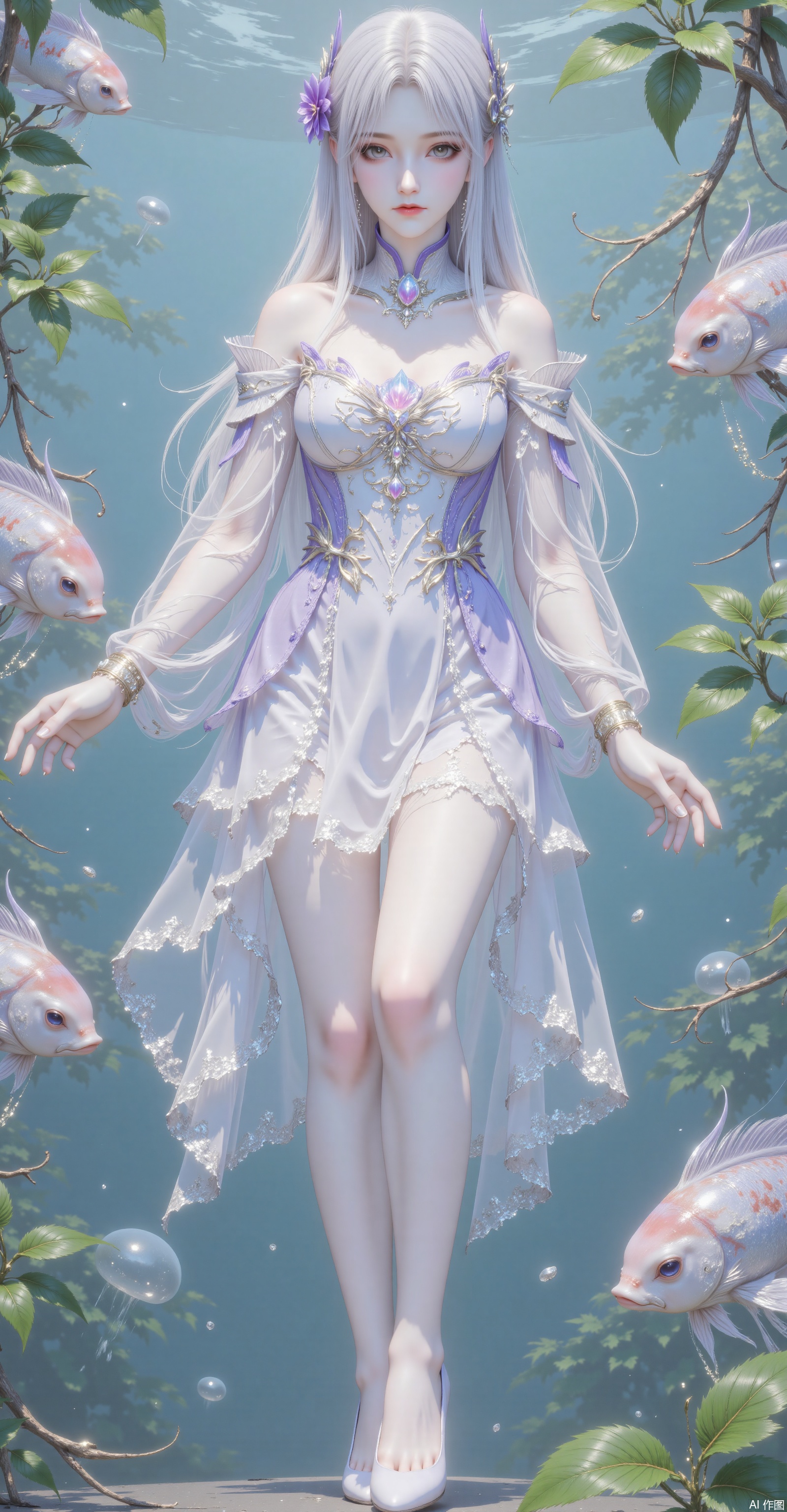 1girl, solo, looking at viewer, short hair, bangs, blue eyes, dress, hair between eyes, closed mouth, blue eyes, long hair,full body, white hair, sleeveless, white dress, english text, sleeveless dress, white footwear, fish, jellyfish , eye trail,backlighting,depth of field,cinematic lighting,light particles,lens flare, (artist:quasarcake:0.8),extreme aesthetic,(wlop:0.6),honjou honjou raita,lack,rella,wanke, raita,lack,rella,wanke,masterpiece,best quality,good quality,newest,year 2024,year 2023,very aesthetic,absurdres,Visual impact,A shot with tension, ultra-high resolution,32K UHD,sharp focus,best quality,masterpiece,Emotionalization,unconventional supreme masterpiece,masterful details,temperate atmosphere,with a high end texture,in the style of fashion photography, (Visual impact:1.2),giving the poster a dynamic and visually striking appearance,impactful picture,offcial art,colorful,splash of color,movie perspective, masterpiece,best quality,amazing quality,very aesthetic,absurdres,best quality,newest,crossed legs,as ghost mode,gylm,takamiya mio