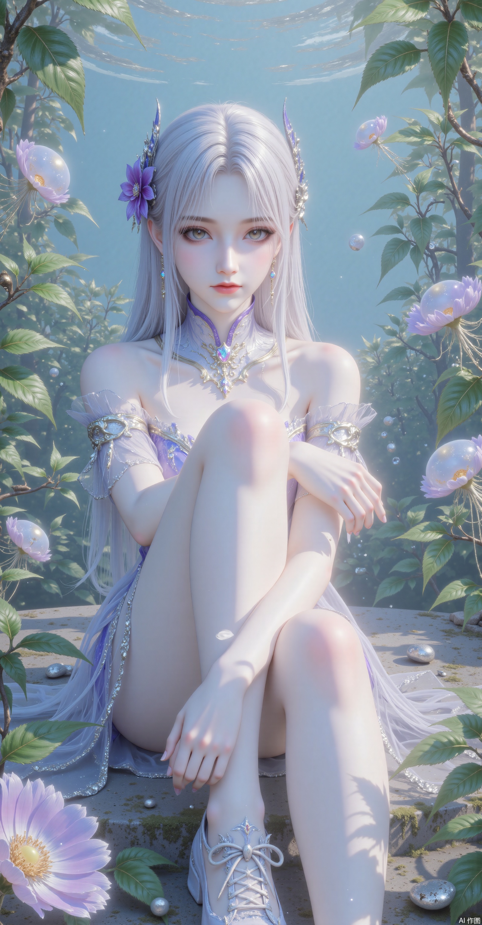 1girl, solo, looking at viewer, short hair, bangs, blue eyes, dress, hair between eyes, closed mouth, blue eyes, long hair,full body, white hair, sleeveless, white dress, english text, sleeveless dress, white footwear, fish, jellyfish , eye trail,backlighting,depth of field,cinematic lighting,light particles,lens flare, (artist:quasarcake:0.8),extreme aesthetic,(wlop:0.6),honjou honjou raita,lack,rella,wanke, raita,lack,rella,wanke,masterpiece,best quality,good quality,newest,year 2024,year 2023,very aesthetic,absurdres,Visual impact,A shot with tension, ultra-high resolution,32K UHD,sharp focus,best quality,masterpiece,Emotionalization,unconventional supreme masterpiece,masterful details,temperate atmosphere,with a high end texture,in the style of fashion photography, (Visual impact:1.2),giving the poster a dynamic and visually striking appearance,impactful picture,offcial art,colorful,splash of color,movie perspective, masterpiece,best quality,amazing quality,very aesthetic,absurdres,best quality,newest,crossed legs,as ghost mode,gylm,takamiya mio