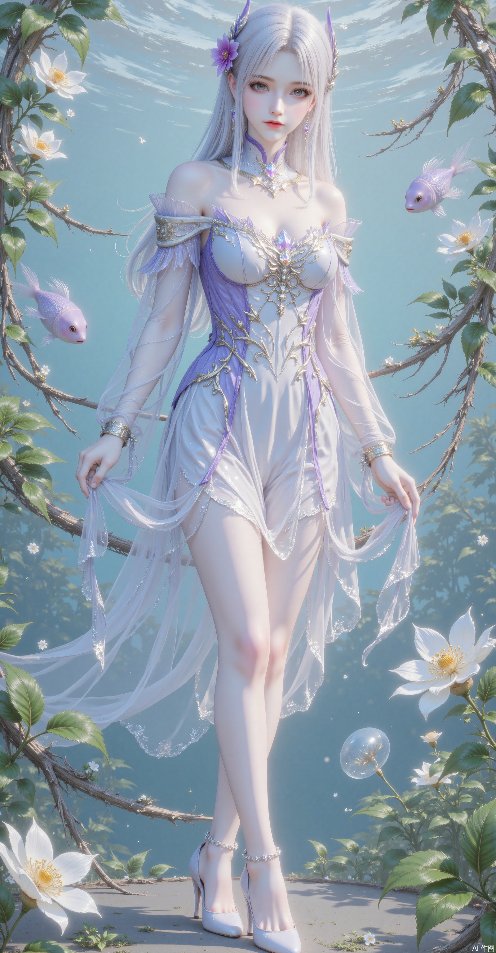 1girl, solo, looking at viewer, short hair, bangs, blue eyes, dress, hair between eyes, closed mouth, blue eyes, long hair,full body, white hair, sleeveless, white dress, english text, sleeveless dress, white footwear, fish, jellyfish , eye trail,backlighting,depth of field,cinematic lighting,light particles,lens flare, (artist:quasarcake:0.8),extreme aesthetic,(wlop:0.6),honjou honjou raita,lack,rella,wanke, raita,lack,rella,wanke,masterpiece,best quality,good quality,newest,year 2024,year 2023,very aesthetic,absurdres,Visual impact,A shot with tension, ultra-high resolution,32K UHD,sharp focus,best quality,masterpiece,Emotionalization,unconventional supreme masterpiece,masterful details,temperate atmosphere,with a high end texture,in the style of fashion photography, (Visual impact:1.2),giving the poster a dynamic and visually striking appearance,impactful picture,offcial art,colorful,splash of color,movie perspective, masterpiece,best quality,amazing quality,very aesthetic,absurdres,best quality,newest,crossed legs,as ghost mode,gylm,takamiya mio