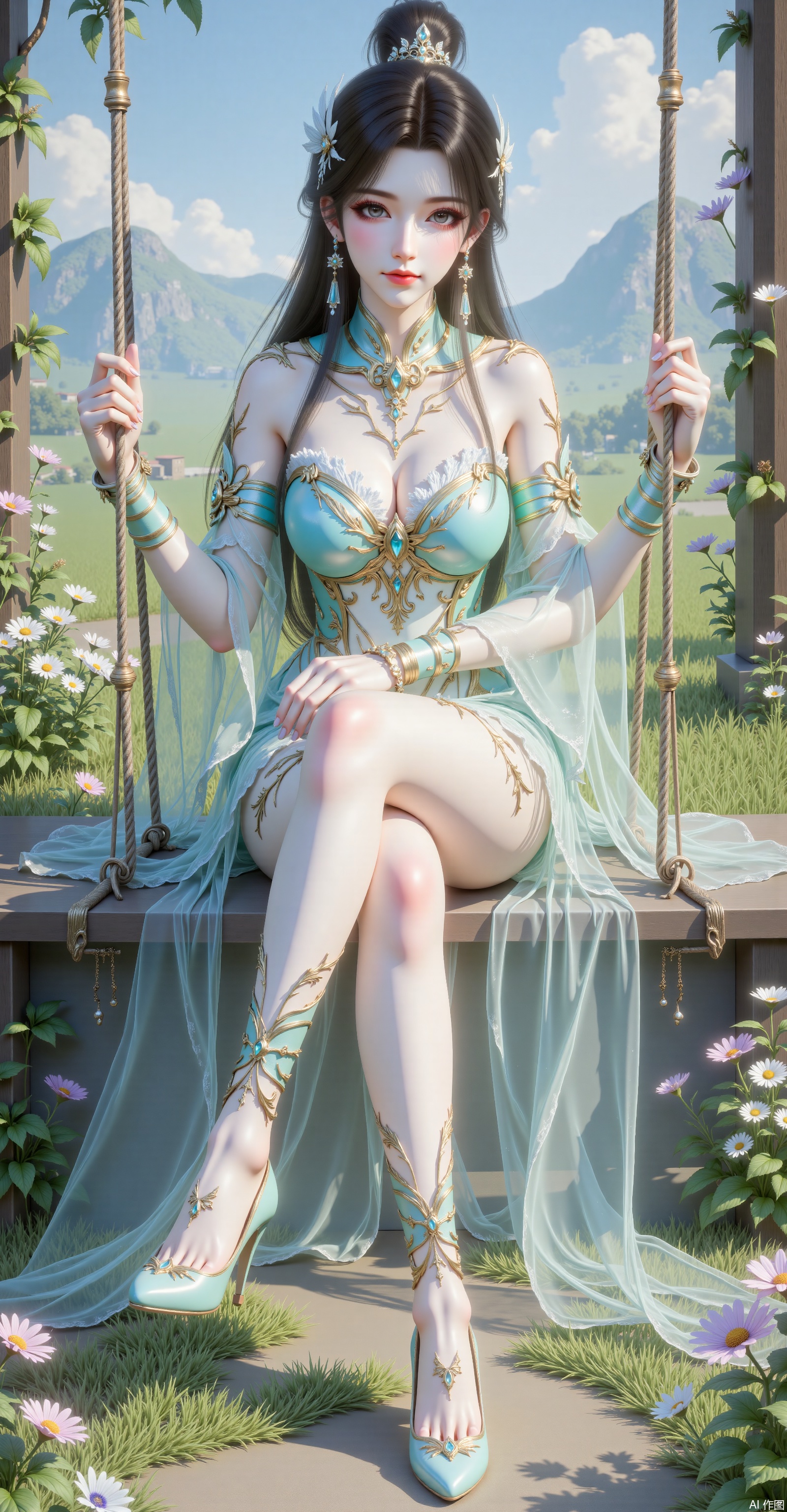 1 girl, solo, long hair, breasts, looking at the audience, hair decoration, clothes, shoulders, sitting, flowers, brunette, high heels, hair flowers, bracelets, feet, transparent collar, off-collar, plant, plant, swing, super long legs