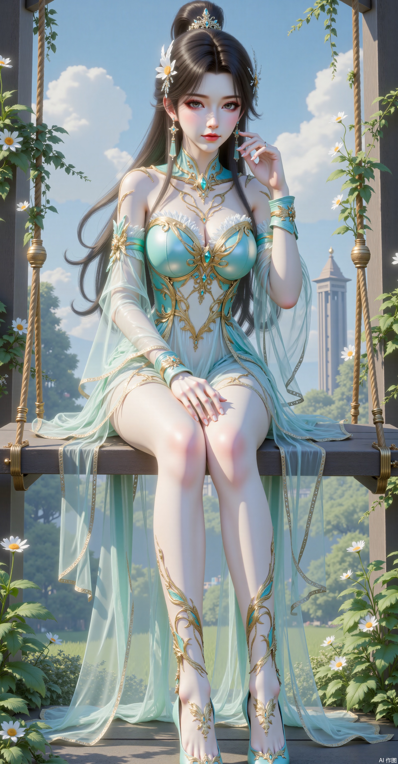 1 girl, solo, long hair, breasts, looking at the audience, hair decoration, clothes, shoulders, sitting, flowers, brunette, high heels, hair flowers, bracelets, feet, transparent collar, off-collar, plant, plant, swing, super long legs