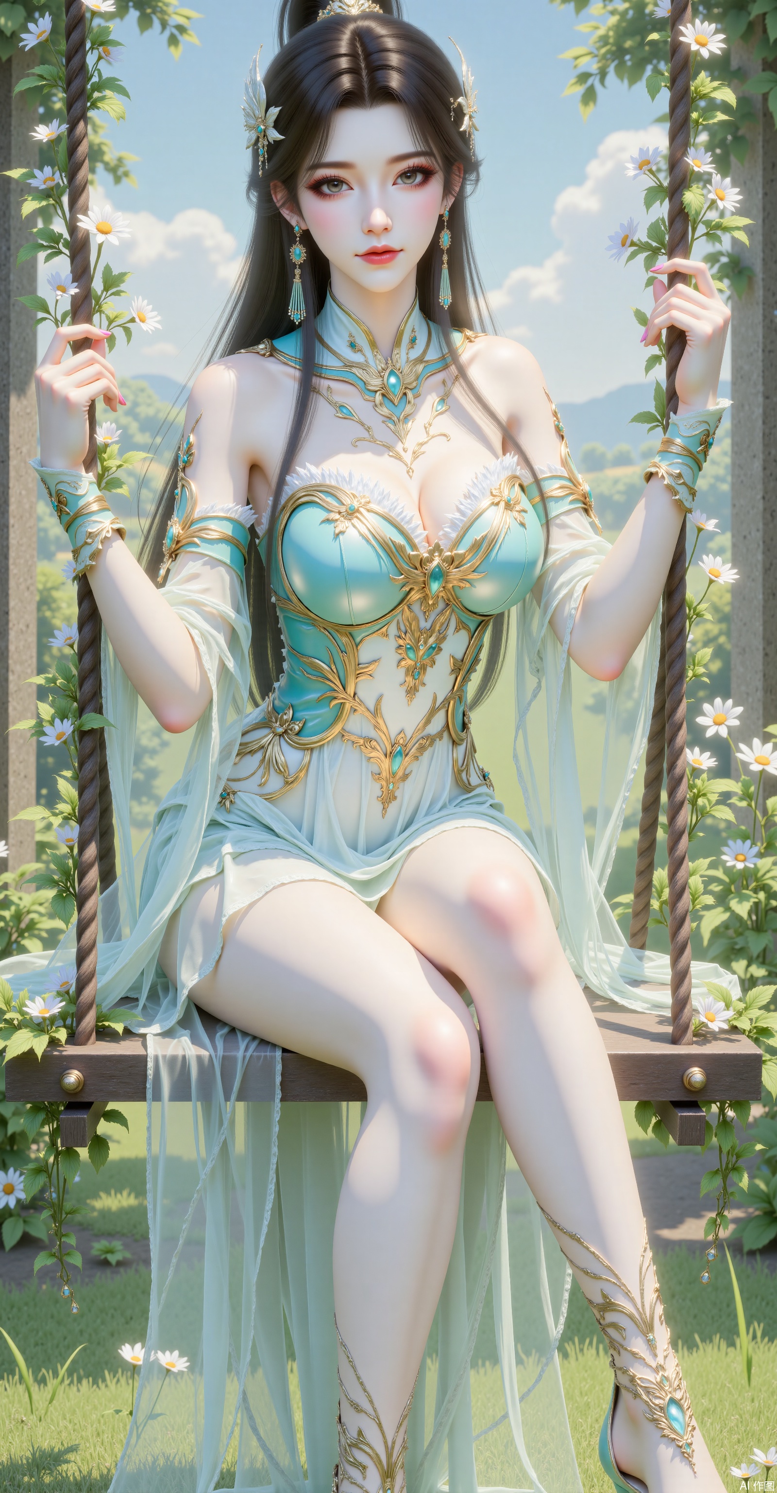 1 girl, solo, long hair, breasts, looking at the audience, hair decoration, clothes, shoulders, sitting, flowers, brunette, high heels, hair flowers, bracelets, feet, transparent collar, off-collar, plant, plant, swing, super long legs