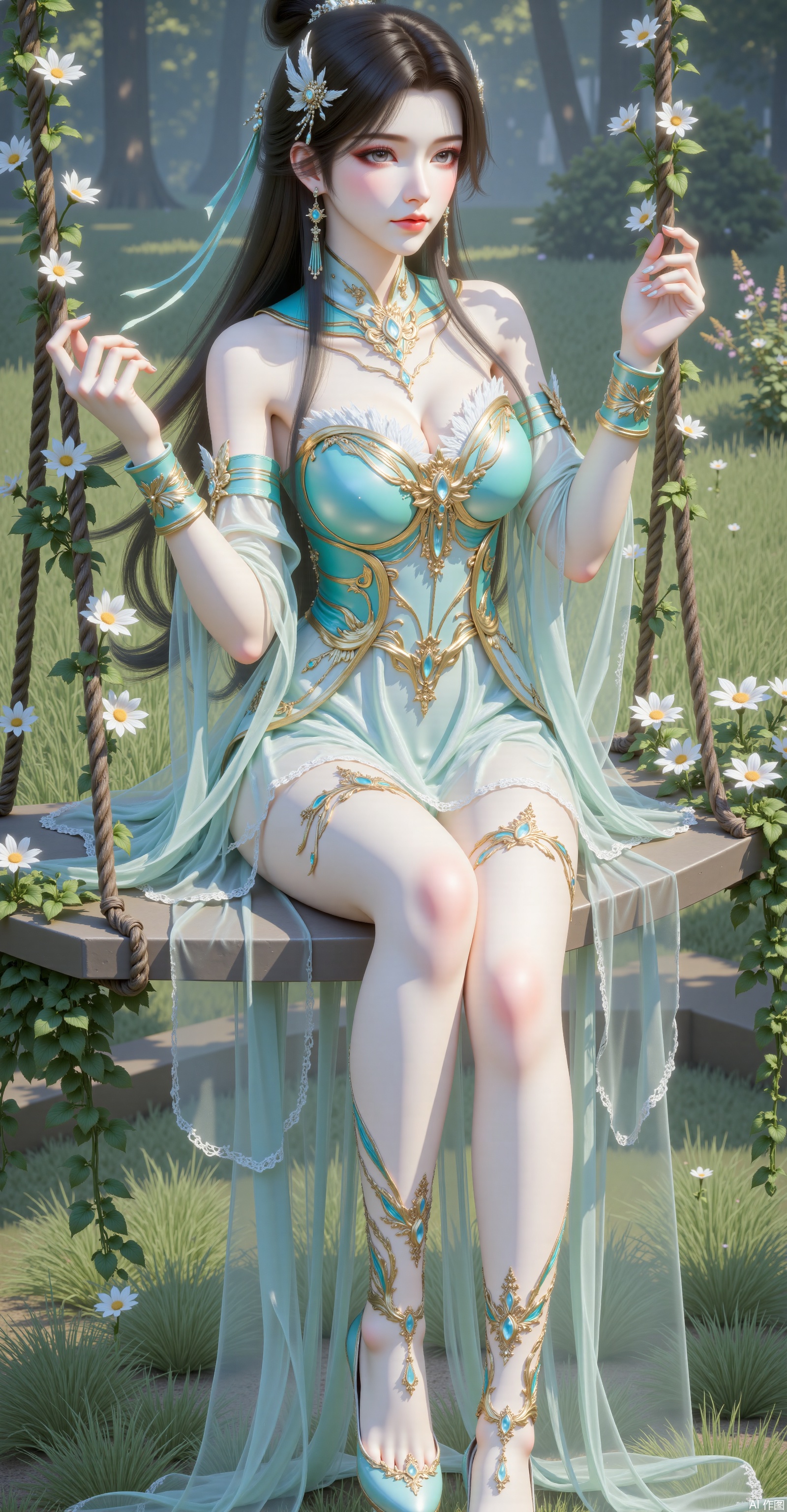 1 girl, solo, long hair, breasts, looking at the audience, hair decoration, clothes, shoulders, sitting, flowers, brunette, high heels, hair flowers, bracelets, feet, transparent collar, off-collar, plant, plant, swing, super long legs