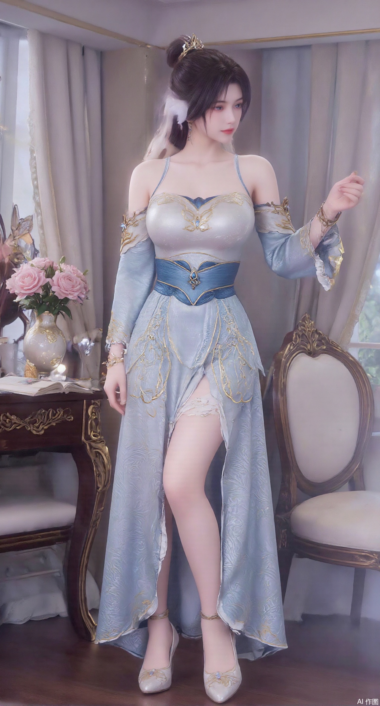 (masterpiece:1.2),best quality,Ultra clear, wallpaper, 8k, masterpiece, 1girl, solo, long hair, breasts, looking at viewer, bangs, large breasts,long dress,, bare shoulders, jewelry, black hair, standing, purple eyes, full body, flower, thighs, indoors, hair bun, long dress, high heels, cup, see-through, book, bare legs, window, table, white footwear, standing on one leg, curtains, pink flower, side slit, vase, ,(huge breasts:2.99),(full breasts:2.99),,,(pink rose flowers:1.59),,XlimuwanXJCB,XcaiyunxianziK,XzilingK,Xsiyudan,XyouqianxueK