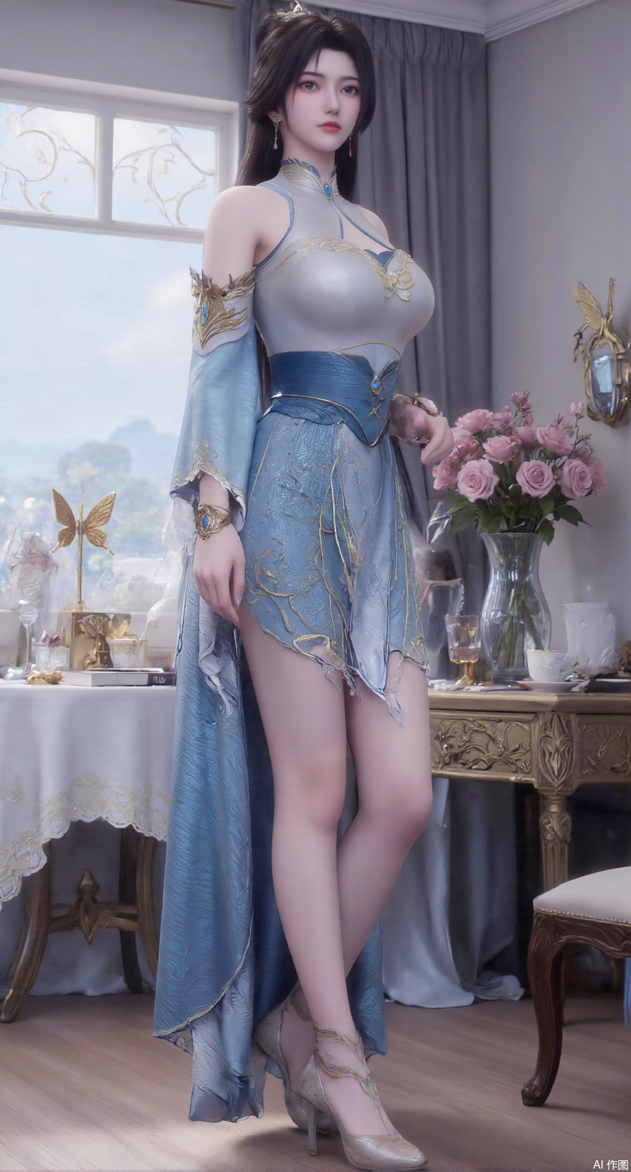 (masterpiece:1.2),best quality,Ultra clear, wallpaper, 8k, masterpiece, 1girl, solo, long hair, breasts, looking at viewer, bangs, large breasts,long dress,, bare shoulders, jewelry, black hair, standing, purple eyes, full body, flower, thighs, indoors, hair bun, long dress, high heels, cup, see-through, book, bare legs, window, table, white footwear, standing on one leg, curtains, pink flower, side slit, vase, ,(huge breasts:2.99),(full breasts:2.99),,,(pink rose flowers:1.59),,XlimuwanXJCB,XcaiyunxianziK,XzilingK,Xsiyudan,XyouqianxueK
