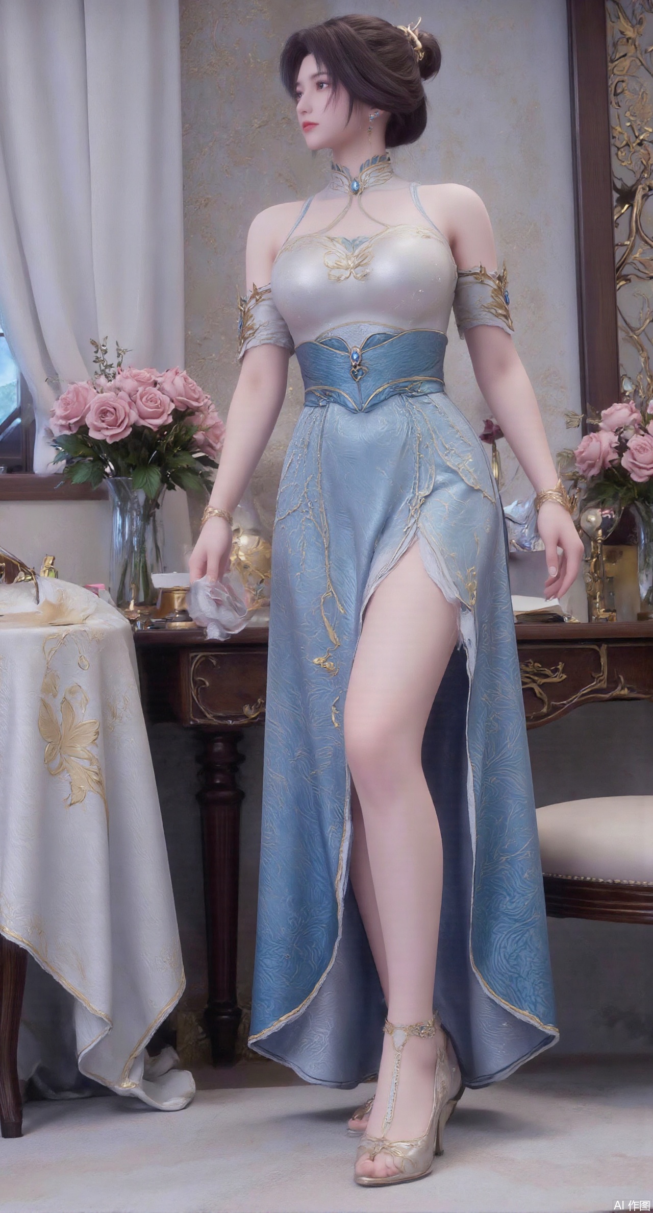 (masterpiece:1.2),best quality,Ultra clear, wallpaper, 8k, masterpiece, 1girl, solo, long hair, breasts, looking at viewer, bangs, large breasts,long dress,, bare shoulders, jewelry, black hair, standing, purple eyes, full body, flower, thighs, indoors, hair bun, long dress, high heels, cup, see-through, book, bare legs, window, table, white footwear, standing on one leg, curtains, pink flower, side slit, vase, ,(huge breasts:2.99),(full breasts:2.99),,,(pink rose flowers:1.59),,XlimuwanXJCB,XcaiyunxianziK,XzilingK,Xsiyudan,XyouqianxueK