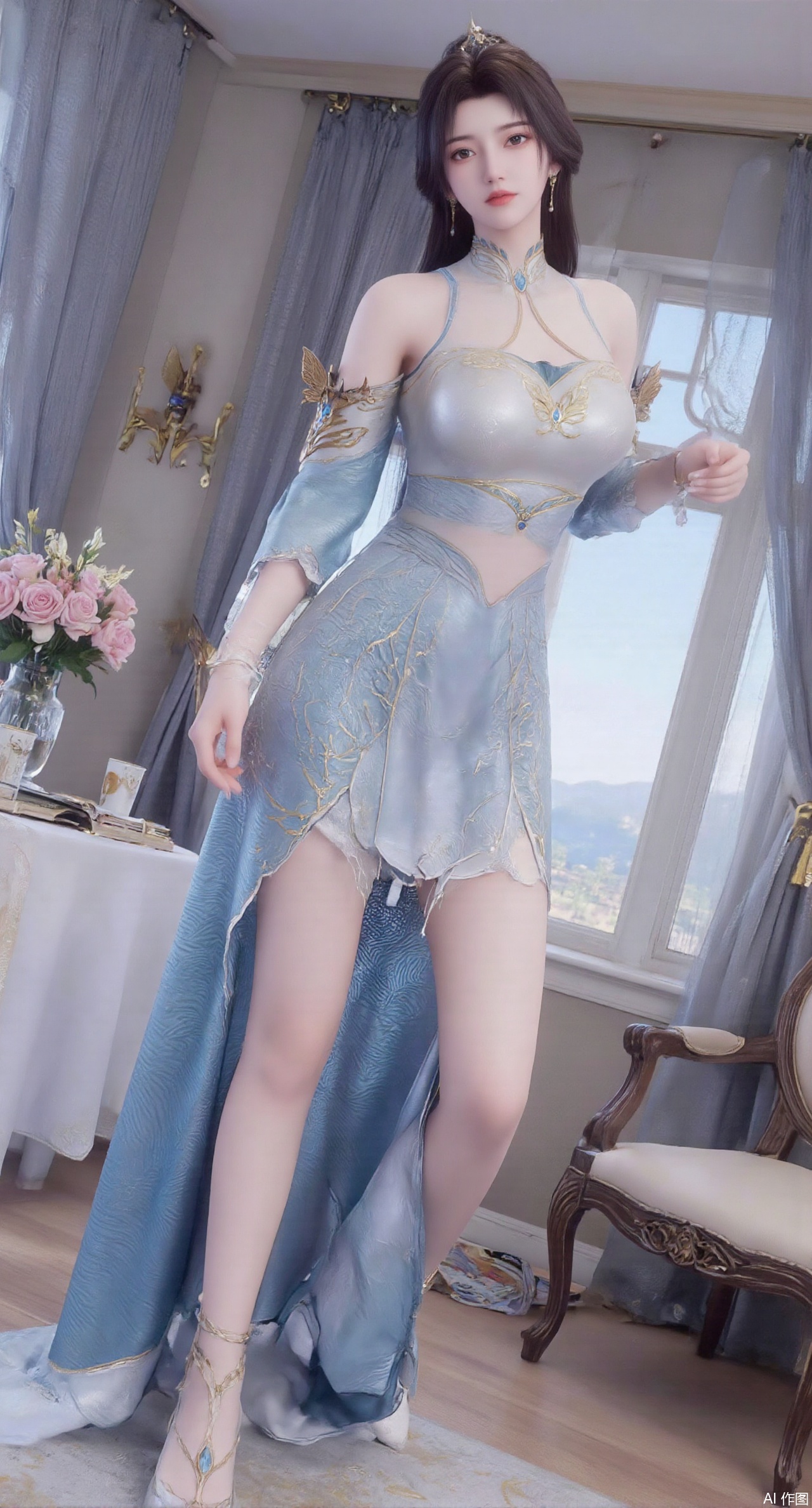 (masterpiece:1.2),best quality,Ultra clear, wallpaper, 8k, masterpiece, 1girl, solo, long hair, breasts, looking at viewer, bangs, large breasts,long dress,, bare shoulders, jewelry, black hair, standing, purple eyes, full body, flower, thighs, indoors, hair bun, long dress, high heels, cup, see-through, book, bare legs, window, table, white footwear, standing on one leg, curtains, pink flower, side slit, vase, ,(huge breasts:2.99),(full breasts:2.99),,,(pink rose flowers:1.59),,XlimuwanXJCB,XcaiyunxianziK,XzilingK,Xsiyudan,XyouqianxueK