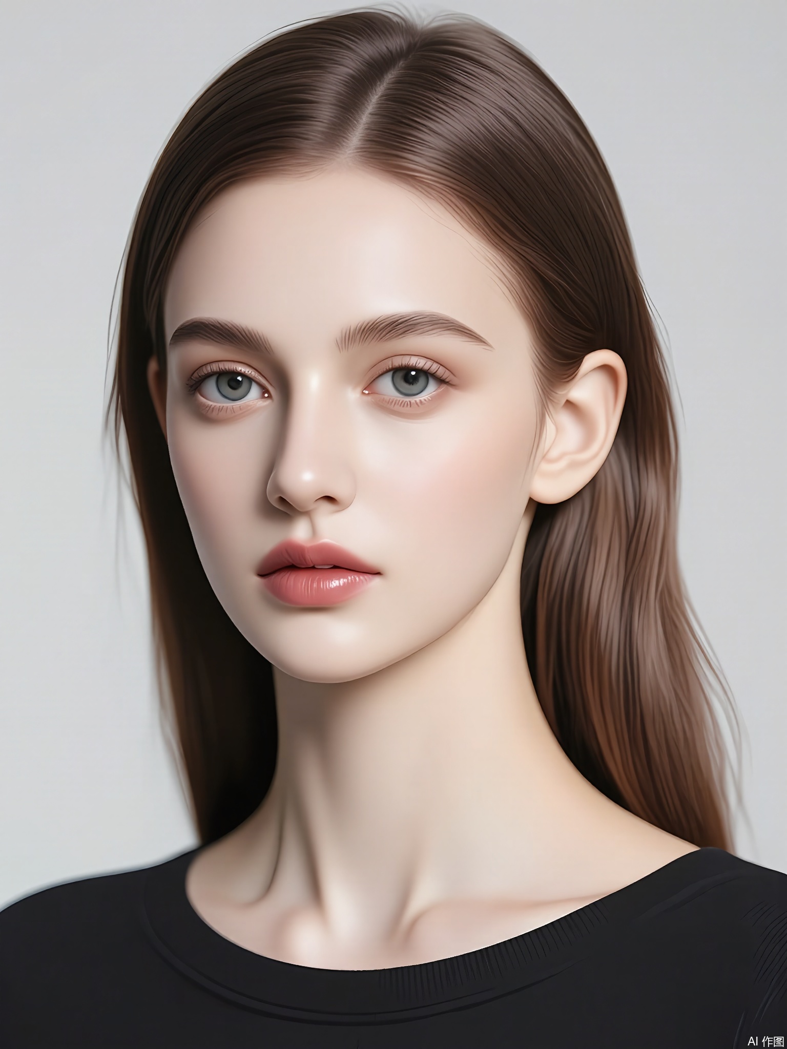 CMRX, A photograph of a woman with long, wavy brown hair, styled in loose curls. She has fair skin, blue eyes, and is wearing subtle makeup with a natural look. Her lips are a soft pink, and she is wearing small gold hoop earrings. She is dressed in a black spaghetti-strap top, revealing her shoulders. The background is a plain, light gray, and the lighting is soft and even, highlighting her features. The image has a clean, professional aesthetic.