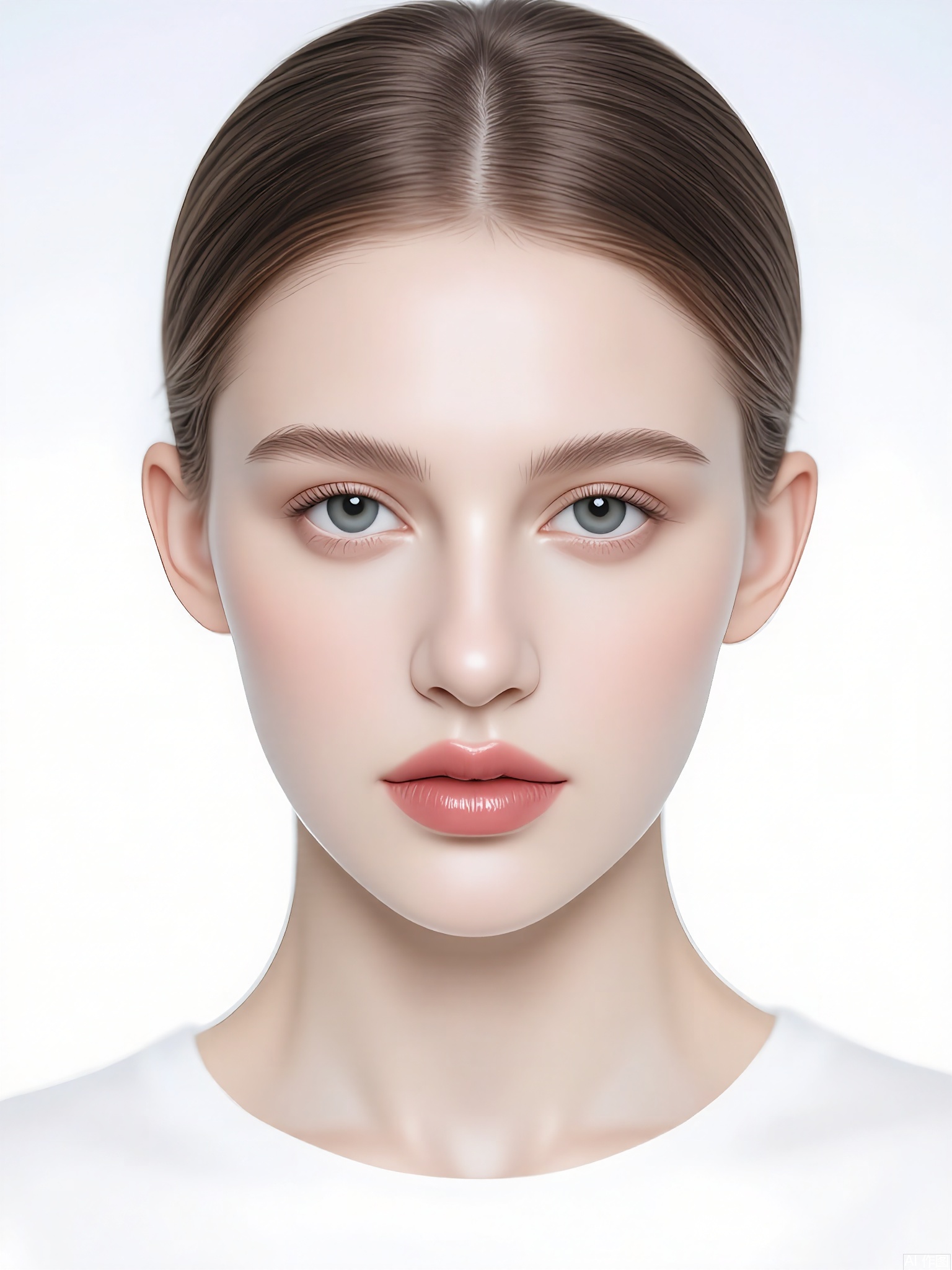 CMRX, Photo of a young woman with light skin, long straight brown hair, and striking blue eyes. She has a neutral expression and is looking directly at the camera. She is wearing a white top with a subtle, elegant design. The background is a simple, clean white. Soft, even lighting. The image has a professional, high-quality feel. The woman has a slender build and delicate features.