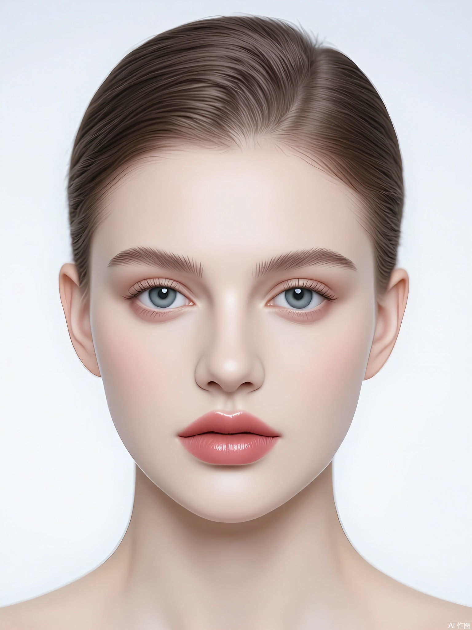 CMRX, A close-up portrait of a young woman with fair skin and light brown hair, styled straight and parted slightly to the side. She has striking blue eyes, a straight nose, and full lips with a natural pink hue. Her expression is neutral, and she is looking directly at the camera. The background is a plain, soft white, and the lighting is soft and even, creating a gentle, flattering effect. The image has a professional, minimalist aesthetic.