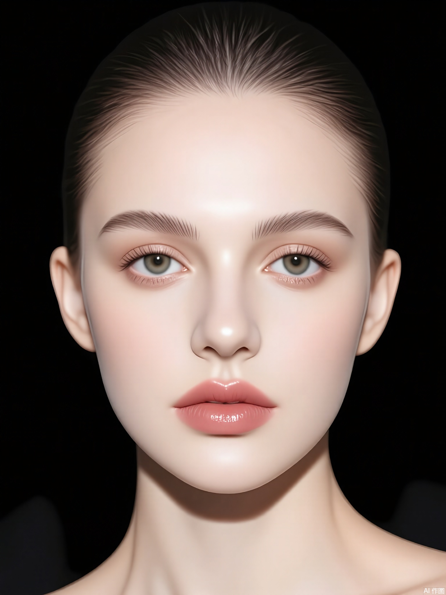 CMRX, Photograph of a woman with fair skin and dark hair pulled back, wearing subtle makeup with a focus on her eyes and lips. She is looking slightly to her left with a neutral expression. The background is dark and blurred, with a soft light source illuminating her face. The image has a high-quality, professional feel, and the lighting highlights her features and creates a soft, natural look. The overall aesthetic is elegant and minimalist.
