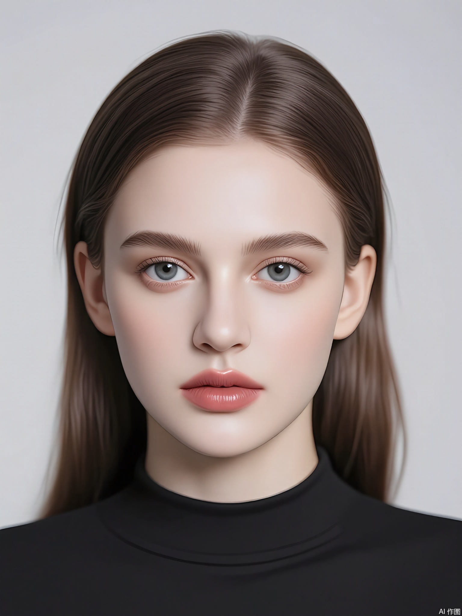 CMRX, A photograph of a young woman with long, wavy brown hair, styled loosely. She has striking blue eyes and a fair complexion. She is wearing a black spaghetti strap top, and her makeup is minimal but elegant, highlighting her natural features. The background is a simple, light grey, ensuring that the focus remains on her. The image has a soft, ethereal quality, with gentle lighting that enhances her features. The style is modern and sophisticated, with a focus on natural beauty.