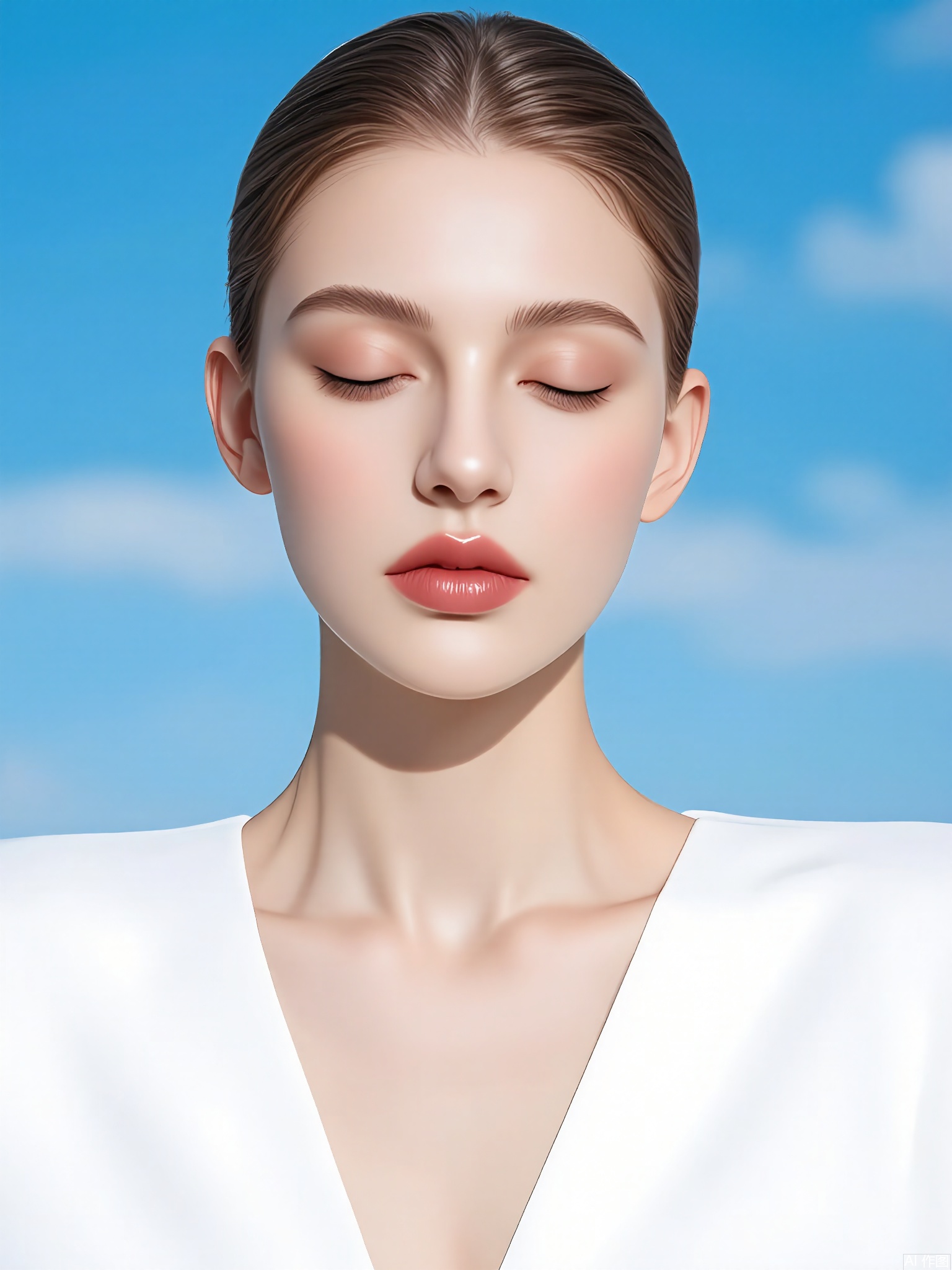 CMRX, Photograph of a young woman with fair skin and blonde hair, wearing a sleeveless white dress, standing against a clear blue sky with wispy clouds. She has her eyes closed and her head tilted slightly to the side, giving a serene and contemplative expression. Her hair is loosely tied back, with a few strands framing her face. She is wearing small, simple earrings. The lighting is natural and soft, casting gentle shadows. The image has a dreamy and ethereal quality.