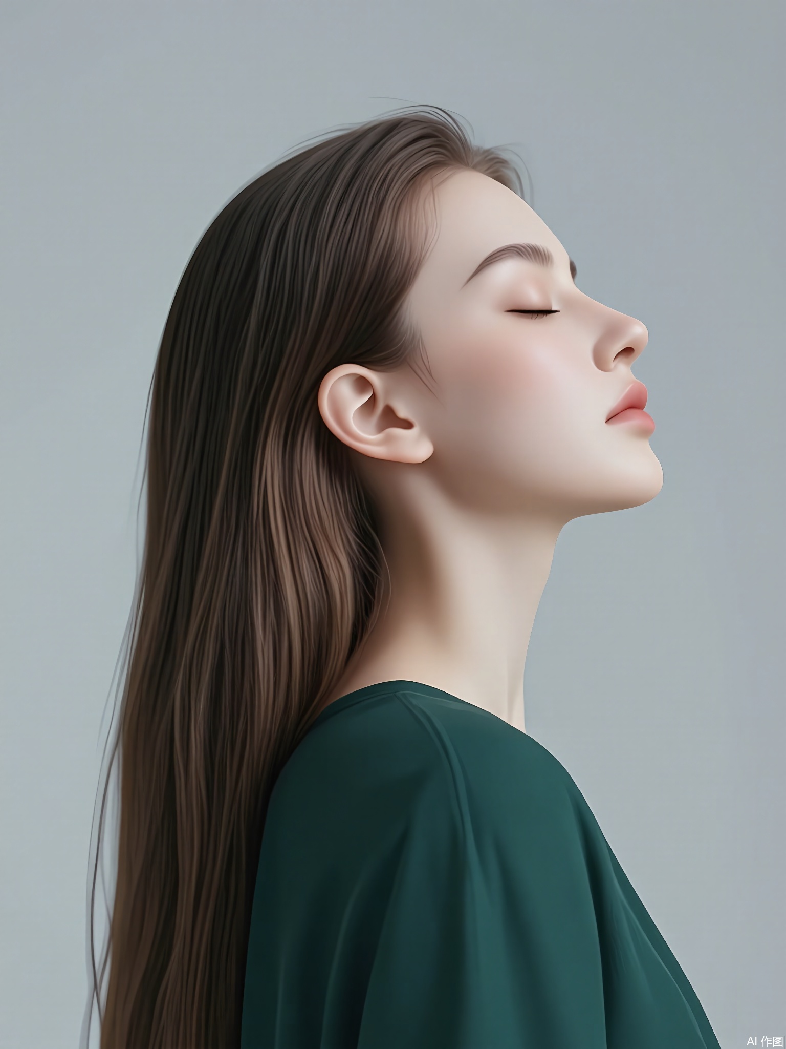 CMRX, Photograph of a young woman with long, straight brown hair, wearing a sleeveless, dark green top. She is leaning back slightly with her eyes closed, head tilted upwards, and lips slightly parted. Her skin is smooth and fair, with a subtle glow. The background is a plain, soft gray, creating a minimalist and serene atmosphere. The lighting is soft and diffused, highlighting her delicate features. The overall mood is peaceful and contemplative.