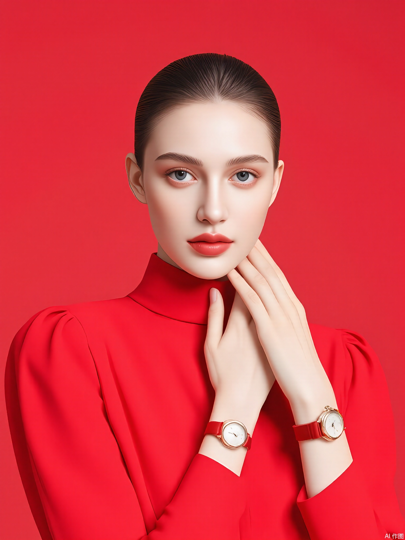 CMRX, Photograph of a woman with fair skin and red lipstick, wearing a red blouse with puffed sleeves and a high collar. She has her hair pulled back and is wearing two red wristwatches, one on each wrist. She is posing with one hand resting on her neck and the other hand gently touching her wrist. The background is a solid red color, matching her lipstick and blouse. The lighting is soft, creating a serene and elegant atmosphere. The image has a high fashion editorial style.