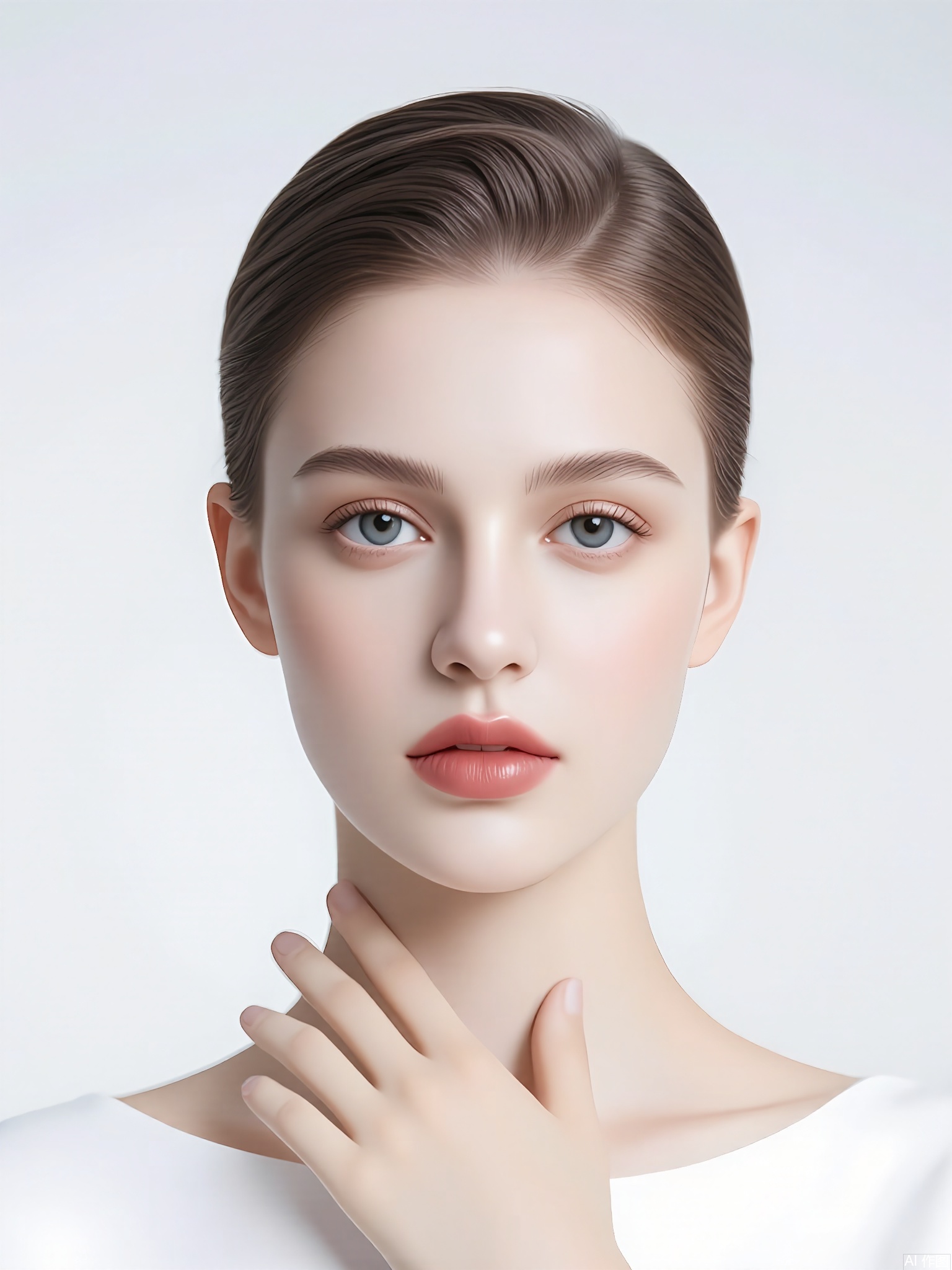 CMRX, A photograph of a young woman with fair skin and light brown hair styled in a sleek, low bun. She has a delicate, symmetrical face with well-defined eyebrows, blue eyes, and a subtle, natural makeup look. She is wearing a strapless white top that highlights her slender neck and shoulders. Her right hand is gently touching her chin, and she has a calm, serene expression. The background is a soft, gradient white, creating a clean and minimalist aesthetic. The lighting is soft and even, emphasizing her natural beauty. The overall style is elegant and sophisticated.
