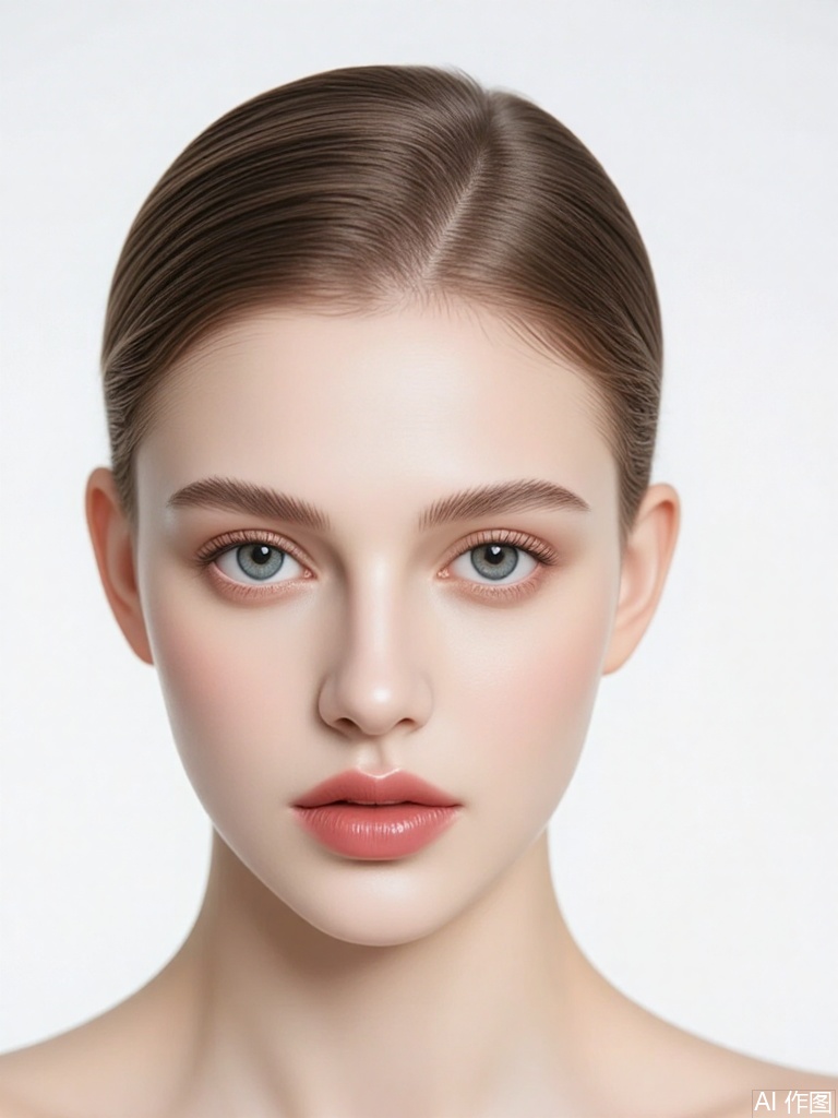 CMRX, Photograph of a young woman with long, straight brown hair and fair skin, wearing a strapless top. She has blue eyes and a neutral expression, looking slightly to the right. Soft, natural lighting highlights her smooth complexion and delicate features. The background is a simple, clean white, drawing focus to her. The image has a professional and elegant feel.