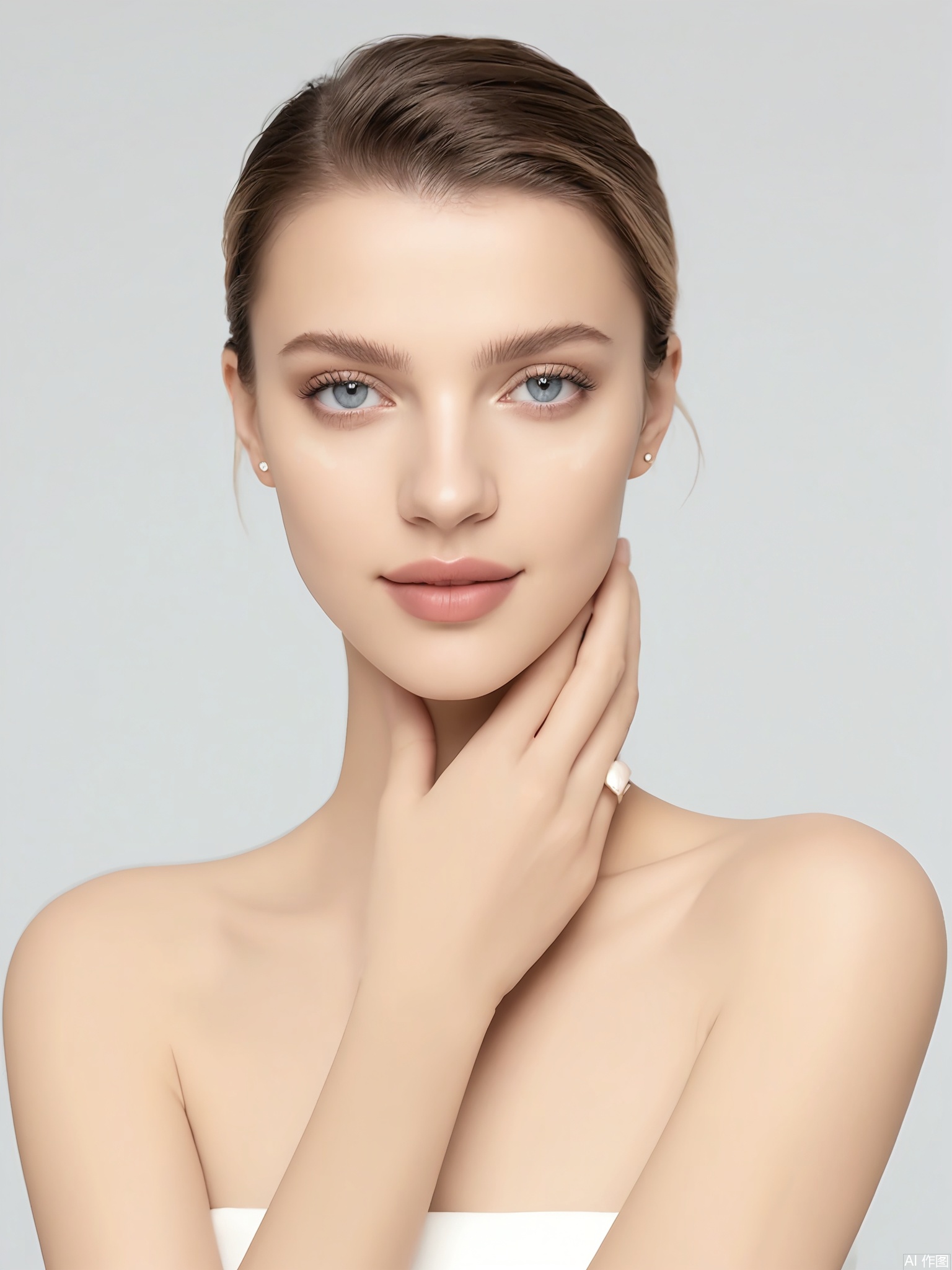 CMRX, A photograph of a young woman with fair skin and light brown hair styled in a sleek, low bun. She has a delicate, symmetrical face with well-defined eyebrows, blue eyes, and a subtle, natural makeup look. She is wearing a strapless white top that highlights her slender neck and shoulders. Her right hand is gently touching her chin, and she has a calm, serene expression. The background is a soft, gradient white, creating a clean and minimalist aesthetic. The lighting is soft and even, emphasizing her natural beauty. The overall style is elegant and sophisticated.
