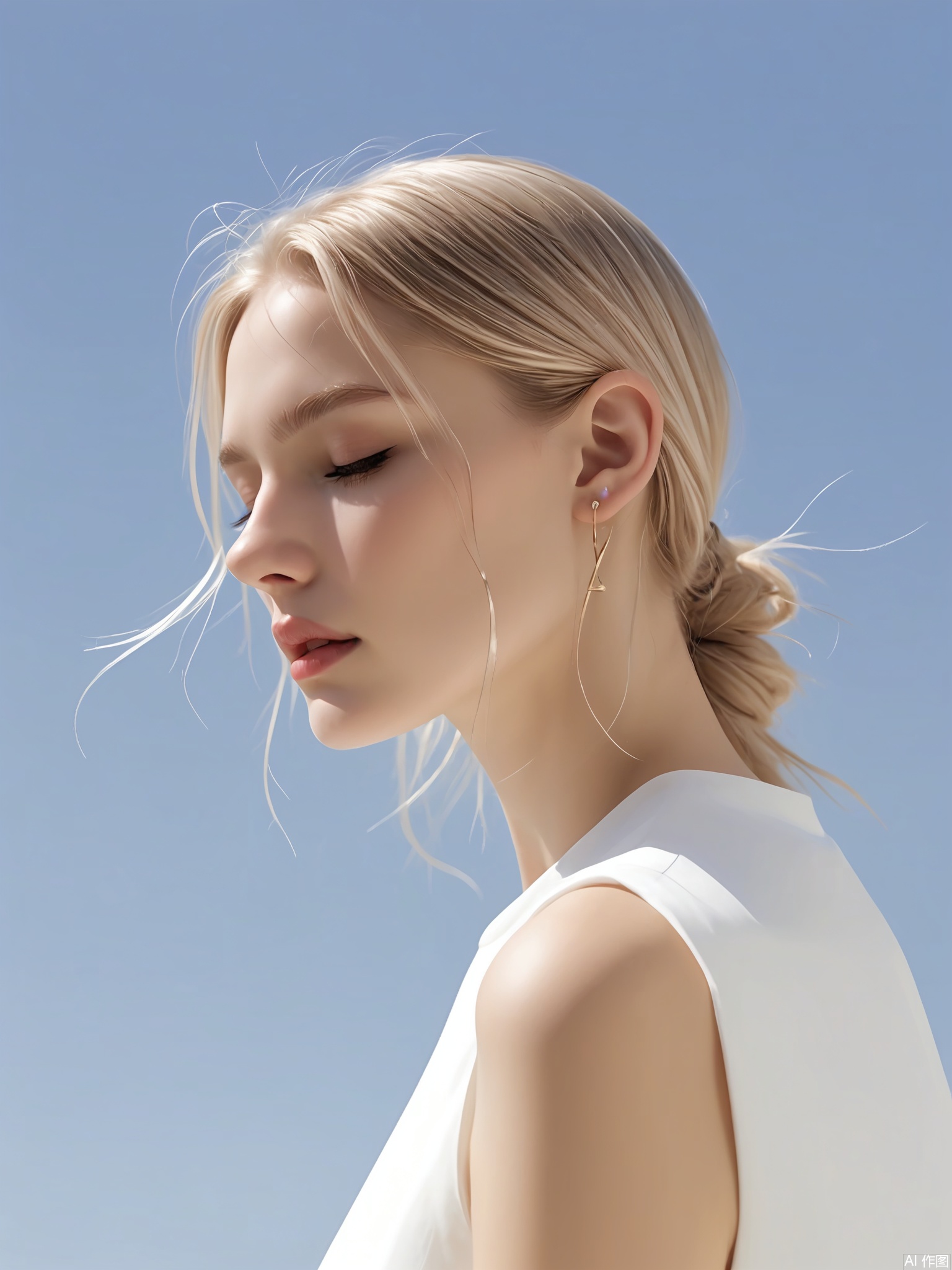 CMRX, Photograph of a young woman with fair skin and blonde hair, wearing a sleeveless white dress, standing against a clear blue sky with wispy clouds. She has her eyes closed and her head tilted slightly to the side, giving a serene and contemplative expression. Her hair is loosely tied back, with a few strands framing her face. She is wearing small, simple earrings. The lighting is natural and soft, casting gentle shadows. The image has a dreamy and ethereal quality.
