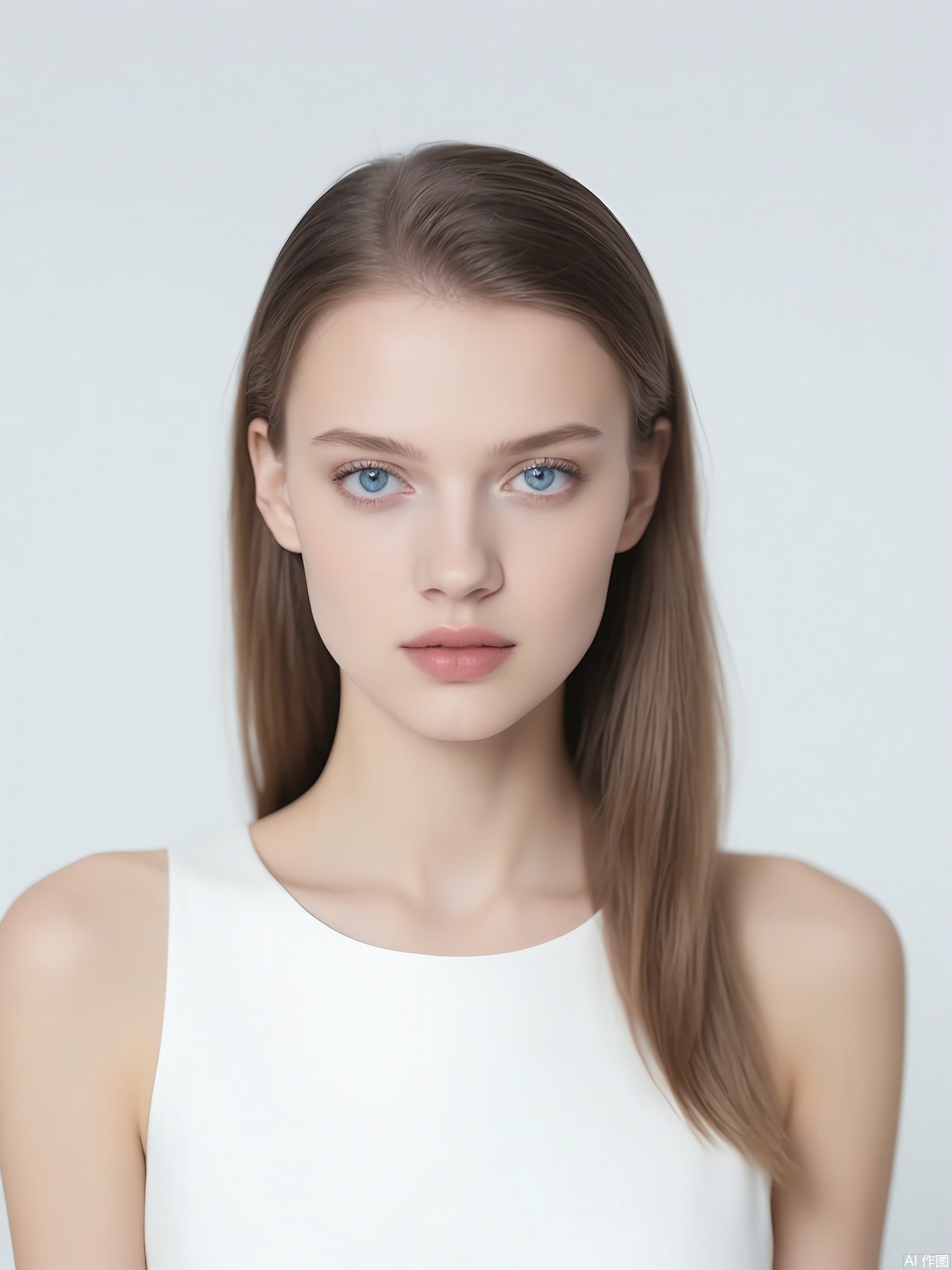 CMRX, Photo of a young woman with light skin, long straight brown hair, and striking blue eyes. She has a neutral expression and is looking directly at the camera. She is wearing a white top with a subtle, elegant design. The background is a simple, clean white. Soft, even lighting. The image has a professional, high-quality feel. The woman has a slender build and delicate features.

