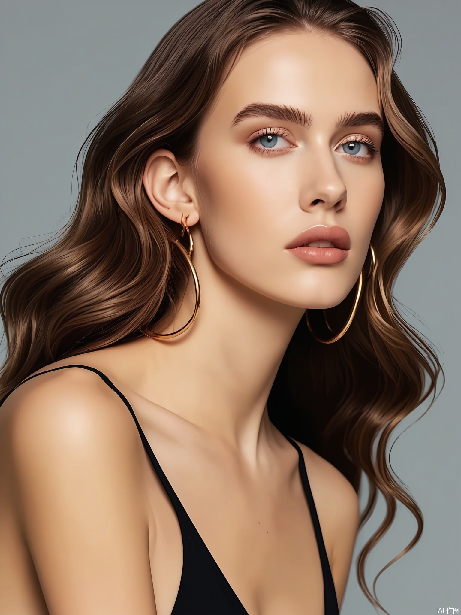 CMRX, A photograph of a woman with long, wavy brown hair, styled in loose curls. She has fair skin, blue eyes, and is wearing subtle makeup with a natural look. Her lips are a soft pink, and she is wearing small gold hoop earrings. She is dressed in a black spaghetti-strap top, revealing her shoulders. The background is a plain, light gray, and the lighting is soft and even, highlighting her features. The image has a clean, professional aesthetic.
