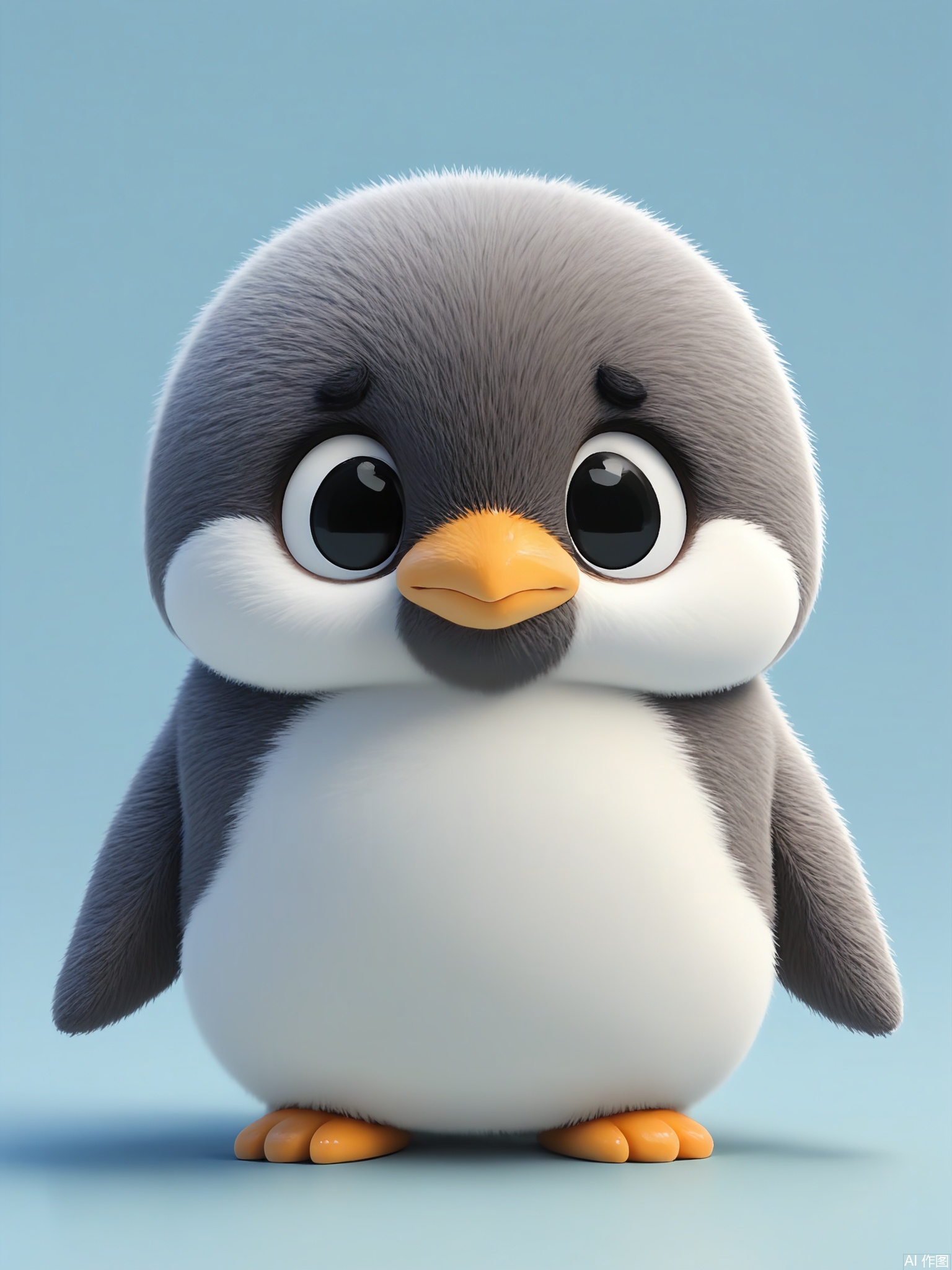 DWXX, Detailed CGI of a penguin chick with fluffy down, black eyes, and a comical expression. It waddles forward, wings outstretched, on an ice-blue background. The style blends realism with a cheerful, cartoonish touch.

