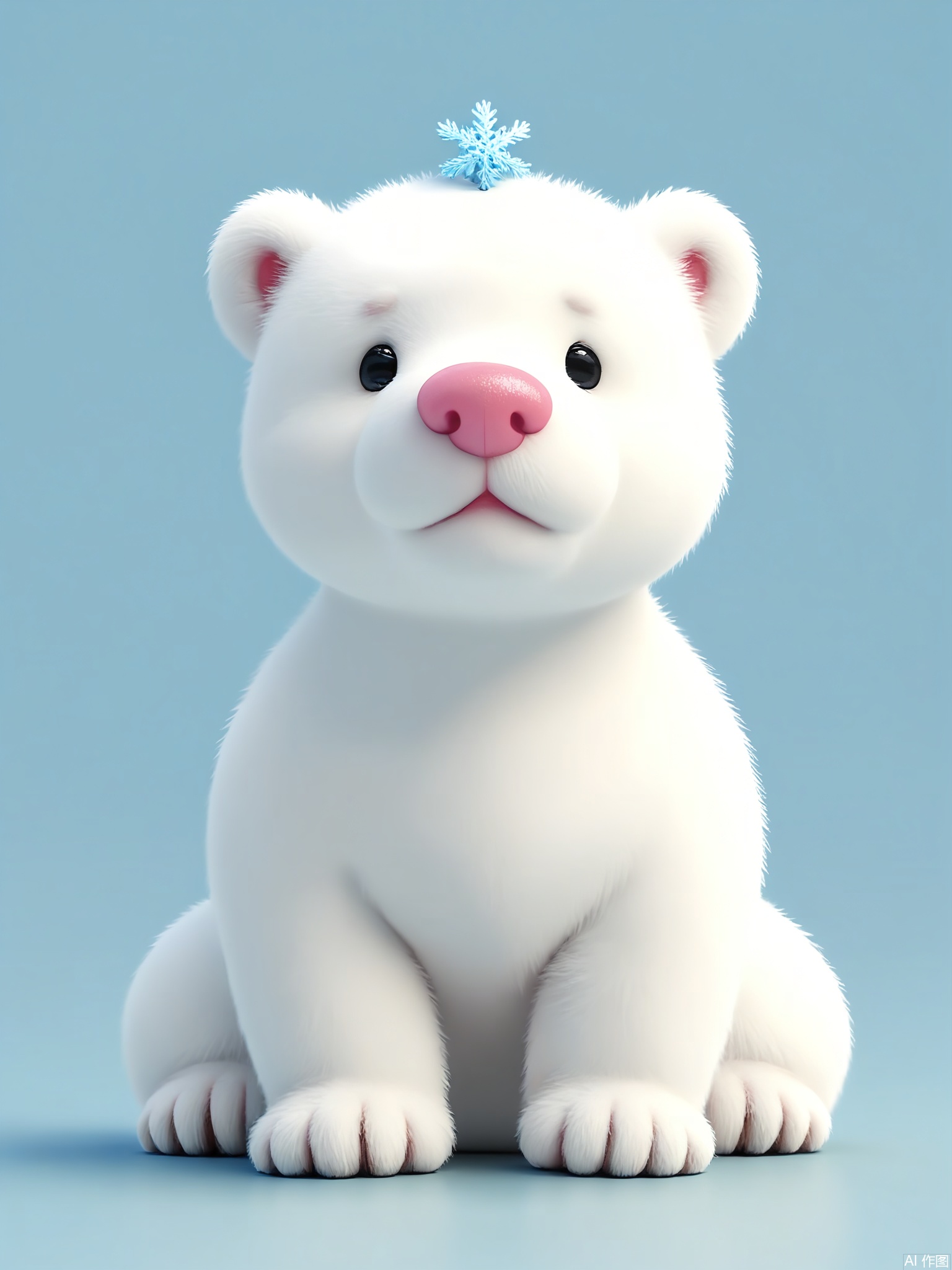 DWXX, High-quality CGI of a baby polar bear with white fur, black eyes, and a pink nose. It nuzzles a snowflake charm, against an icy-blue background. The style blends realism with a gentle, whimsical touch.

