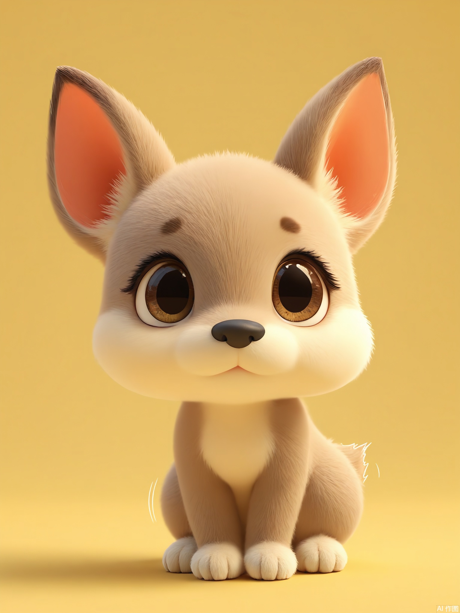 DWXX, A lifelike CGI of a fawn with speckled fur, liquid-brown eyes, and a delicate snout. It stands alert, ears twitching, on a golden-yellow background. Soft lighting highlights its youthful curiosity.


