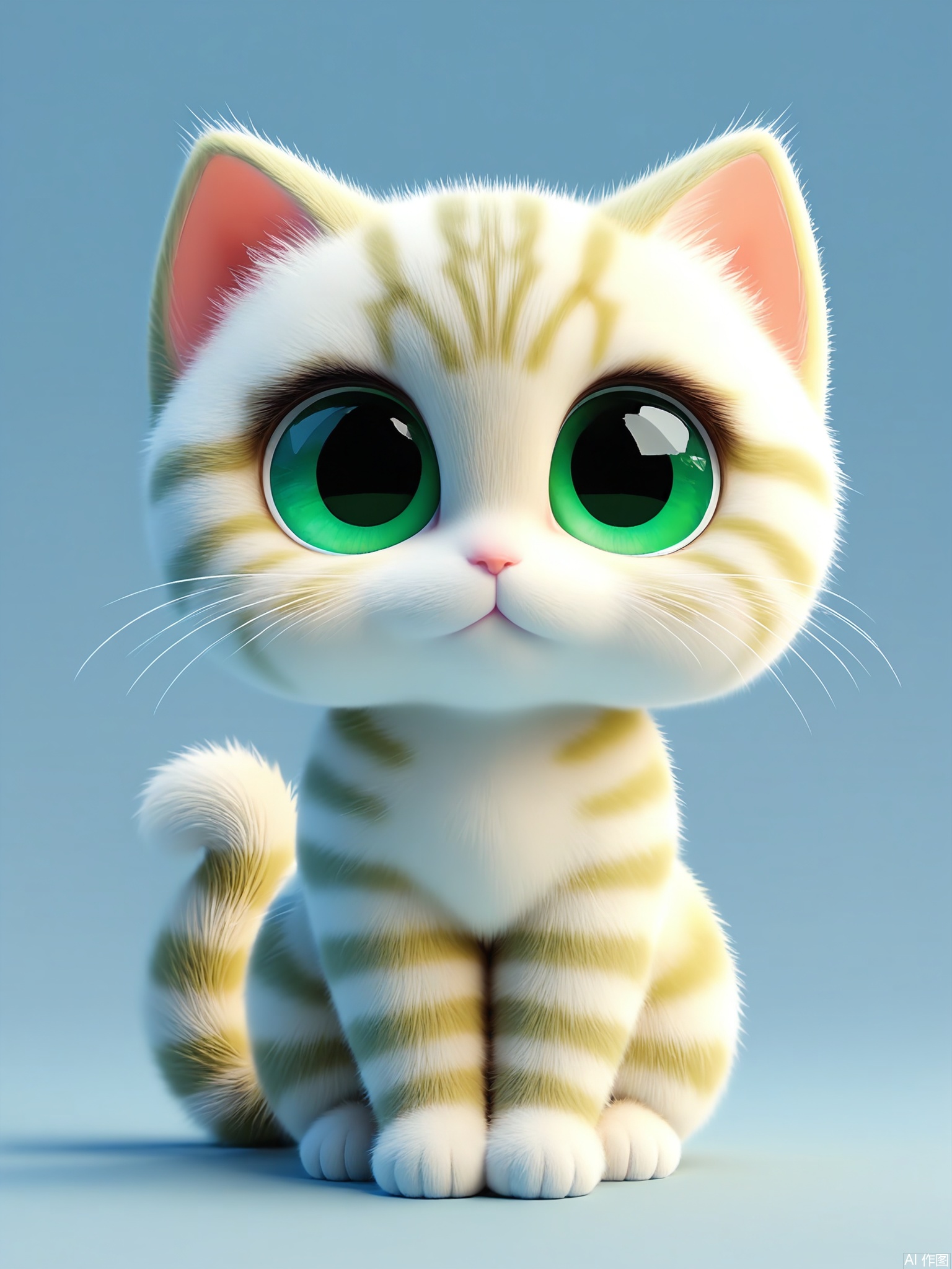 DWXX, High-quality CGI render of a tabby kitten with green almond-shaped eyes, striped fur, and a pink nose. It perches alertly, tail curled around its paws, on a sky-blue background. Subtle fur textures and soft lighting emphasize its cuteness.

