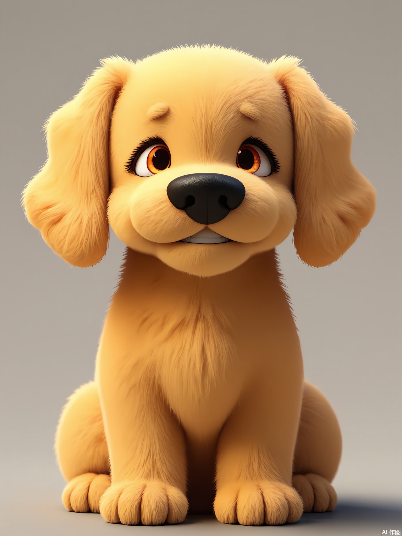 DWXX, A lifelike CGI image of a golden retriever puppy with amber eyes, a wet black nose, and floppy ears. The puppy sits upright, paws crossed, wearing a playful grin. The soft-orange fur glows under warm lighting, against a muted-gray backdrop.

