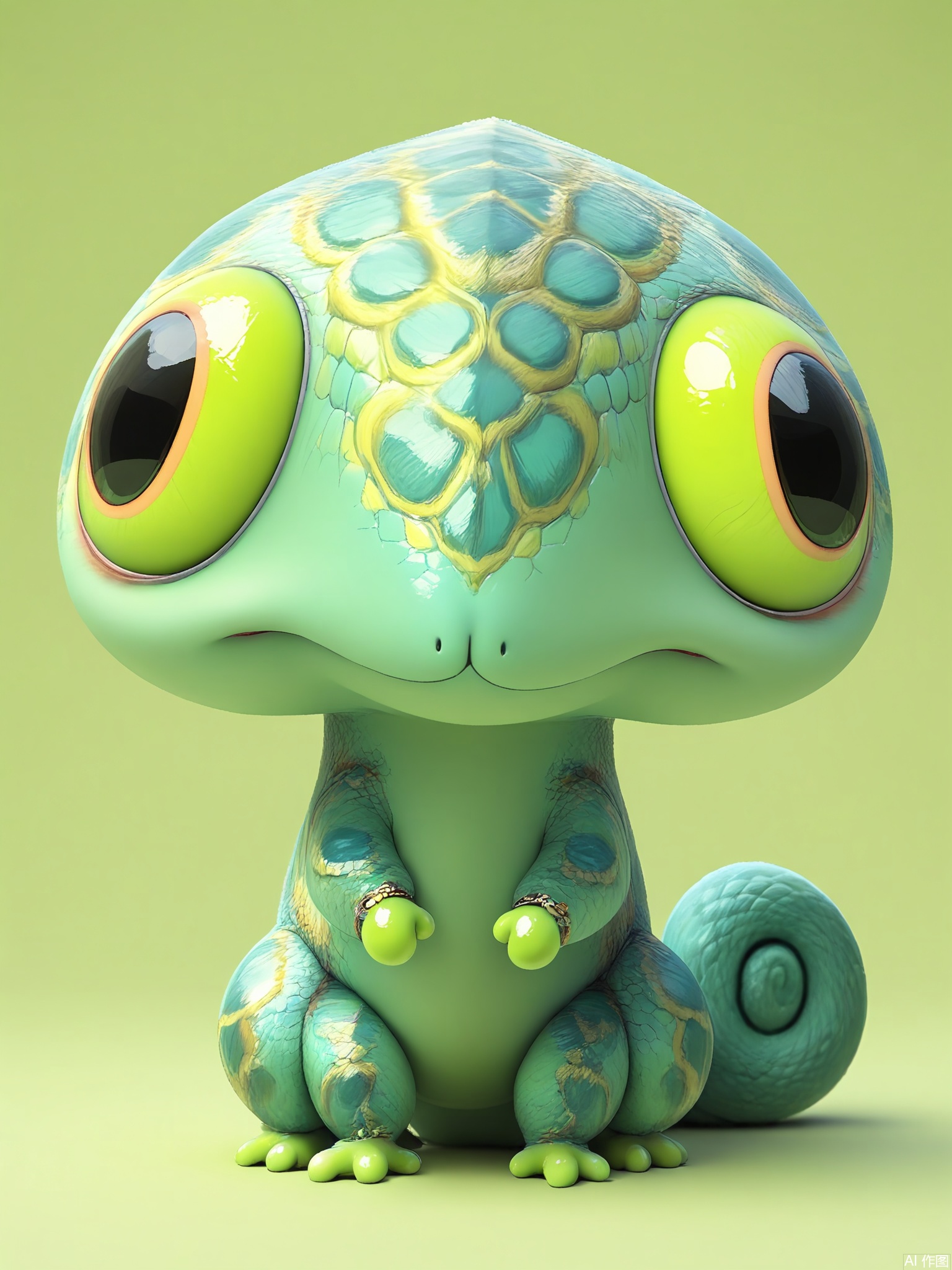 DWXX, High-quality CGI image of a baby chameleon with iridescent scales, bulging eyes, and a prehensile tail. It clings to a leaf-shaped charm, against a lime-green background. The style balances realism with a whimsical, storybook aesthetic.


