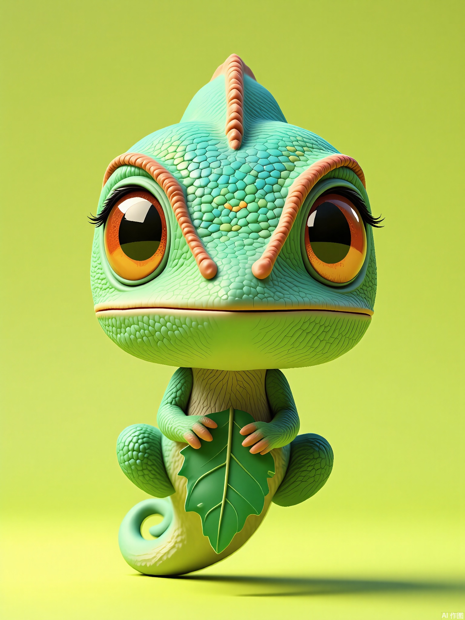 DWXX,
High-quality CGI image of a baby chameleon with iridescent scales, bulging eyes, and a prehensile tail. It clings to a leaf-shaped charm, against a lime-green background. The style balances realism with a whimsical, storybook aesthetic.
