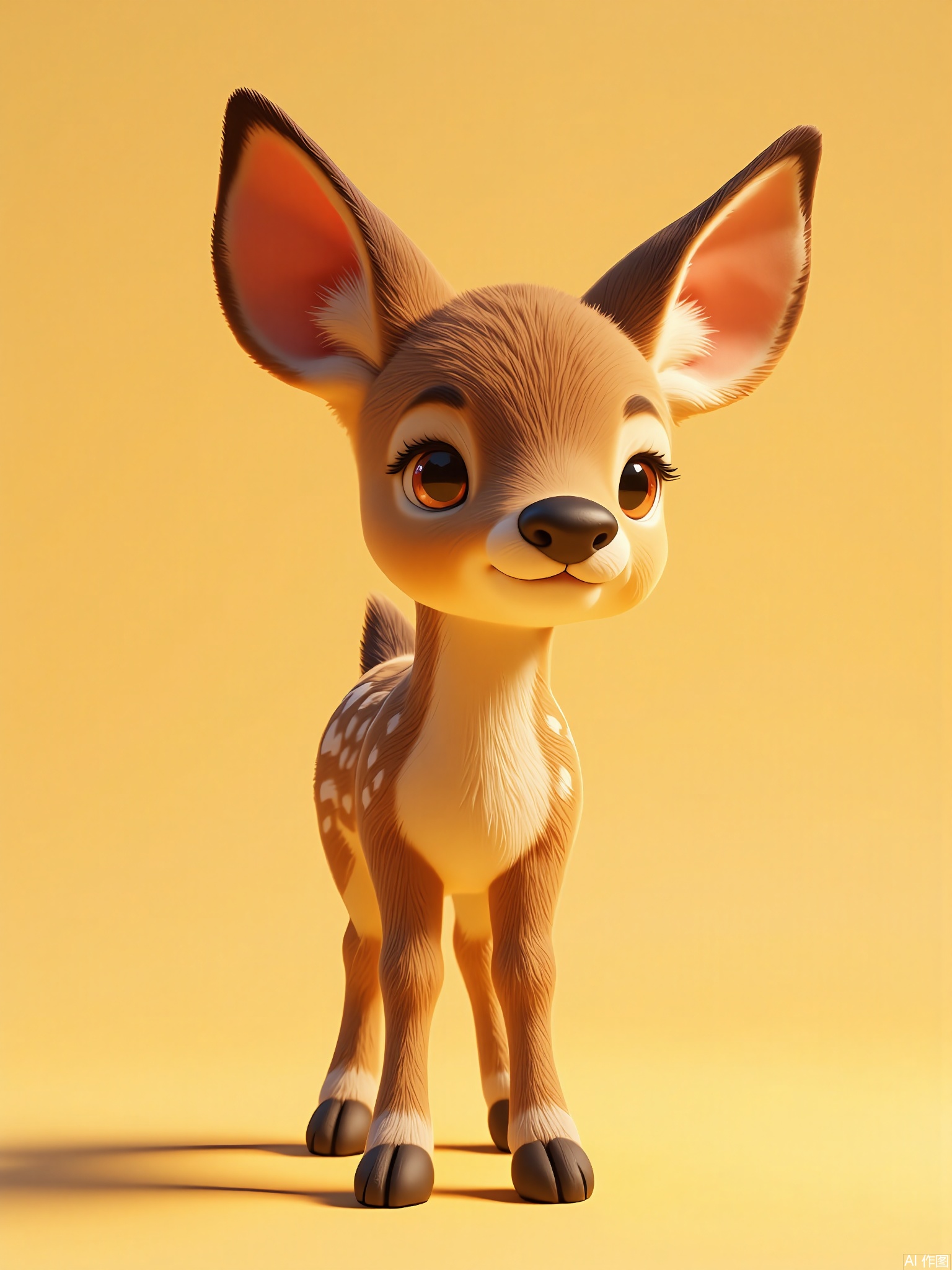 DWXX,
A lifelike CGI of a fawn with speckled fur, liquid-brown eyes, and a delicate snout. It stands alert, ears twitching, on a golden-yellow background. Soft lighting highlights its youthful curiosity.
