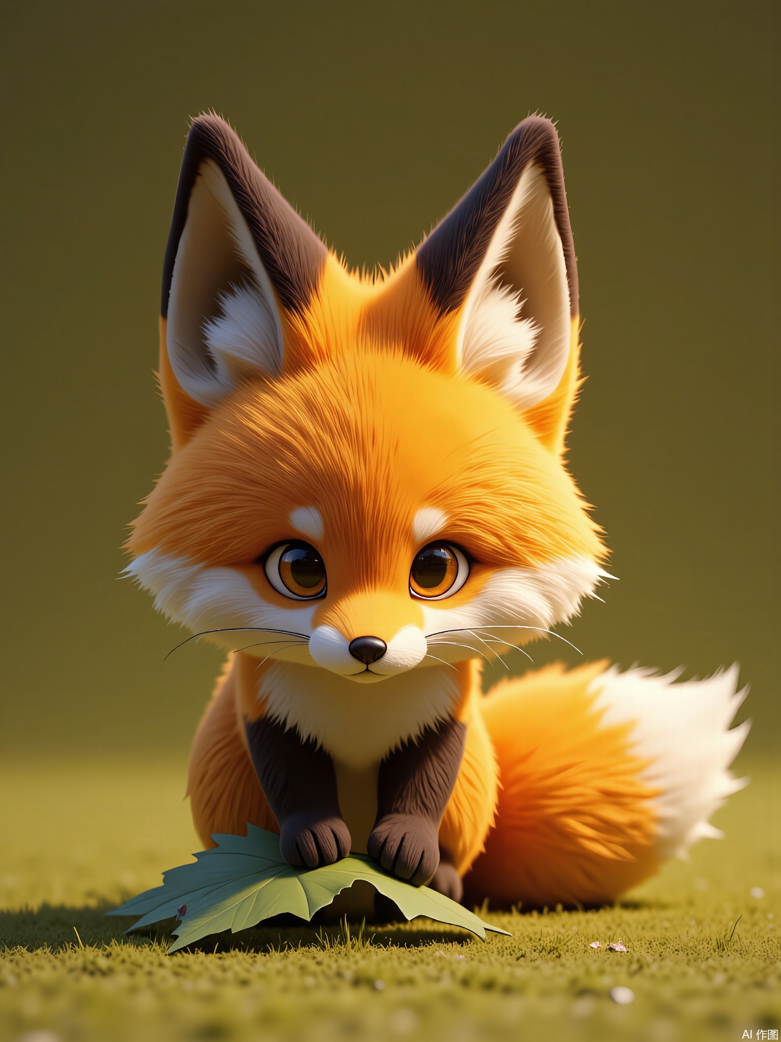 DWXX,
Photorealistic CGI image of a red fox kit with russet fur, alert ears, and a bushy tail. It pounces playfully on a leaf-shaped charm, against a moss-green background. Subtle motion blur adds dynamic energy.
