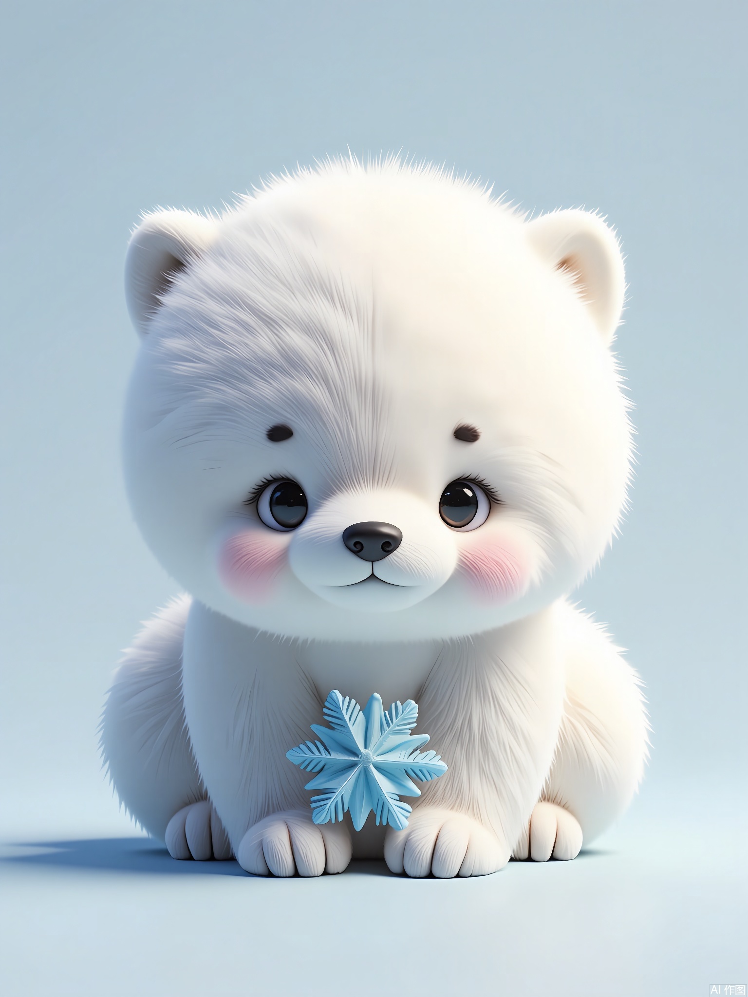 DWXX,
High-quality CGI of a baby polar bear with white fur, black eyes, and a pink nose. It nuzzles a snowflake charm, against an icy-blue background. The style blends realism with a gentle, whimsical touch.
