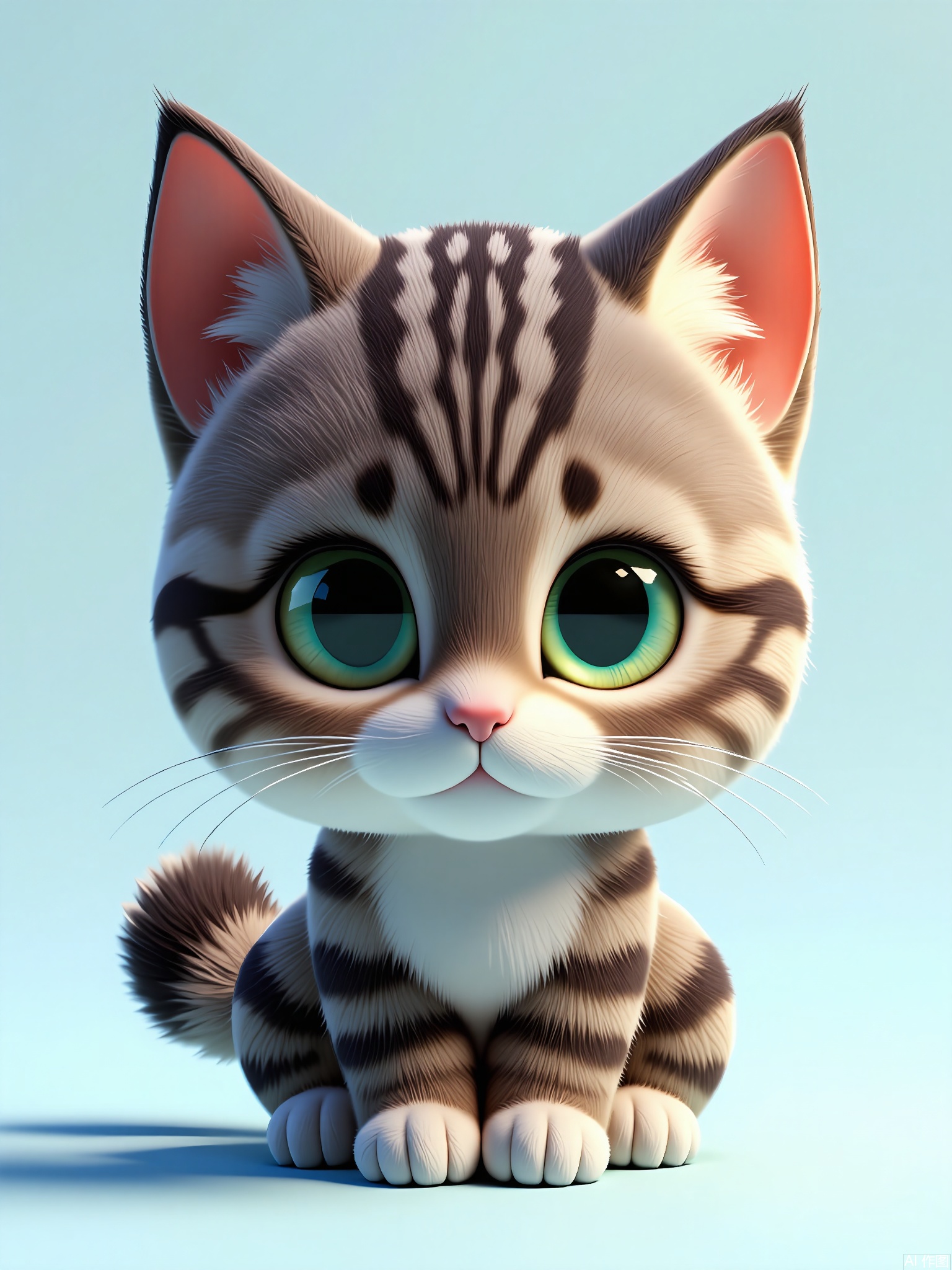 DWXX,
High-quality CGI render of a tabby kitten with green almond-shaped eyes, striped fur, and a pink nose. It perches alertly, tail curled around its paws, on a sky-blue background. Subtle fur textures and soft lighting emphasize its cuteness.
