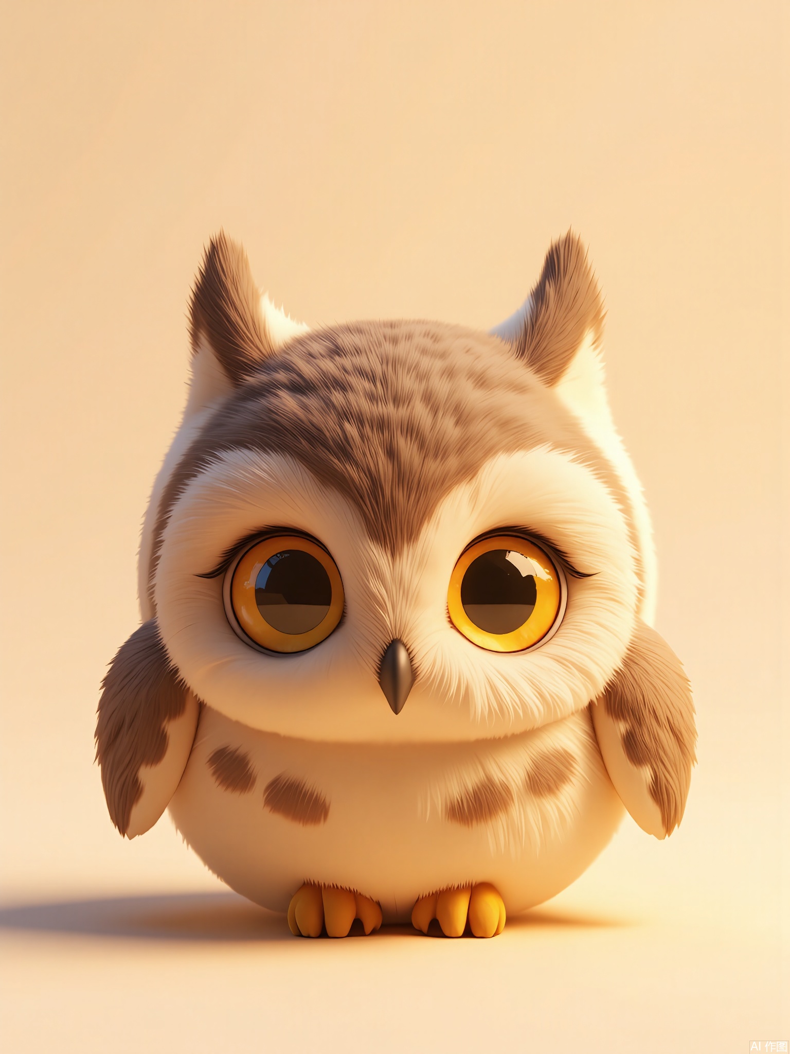 DWXX,
Photorealistic CGI image of a tiny owl chick with fluffy feathers, large yellow eyes, and a feathered crest. It huddles on a branch charm, against a peach-colored background. Soft, diffused lighting enhances its innocent gaze.
