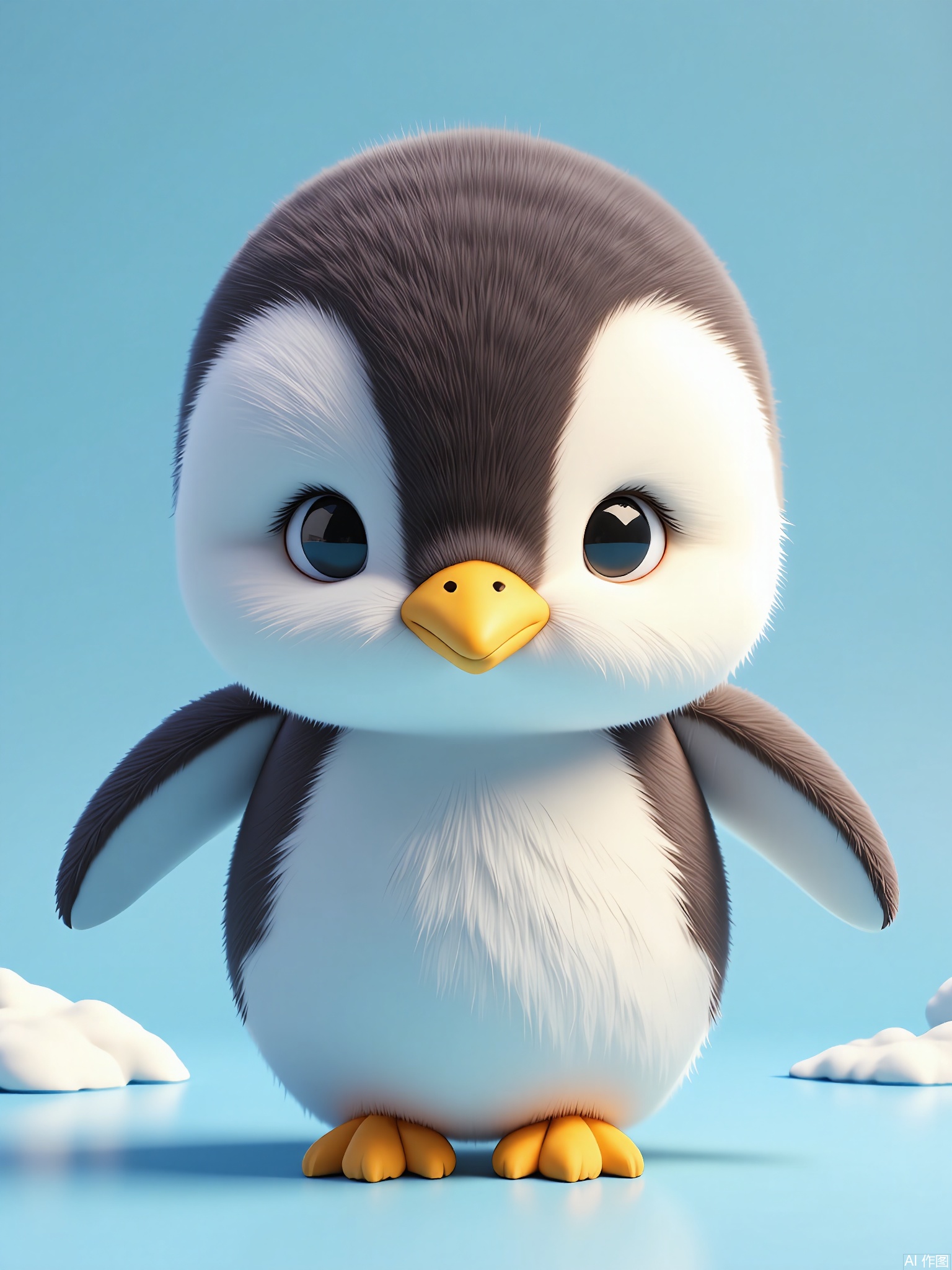 DWXX,
Detailed CGI of a penguin chick with fluffy down, black eyes, and a comical expression. It waddles forward, wings outstretched, on an ice-blue background. The style blends realism with a cheerful, cartoonish touch.
