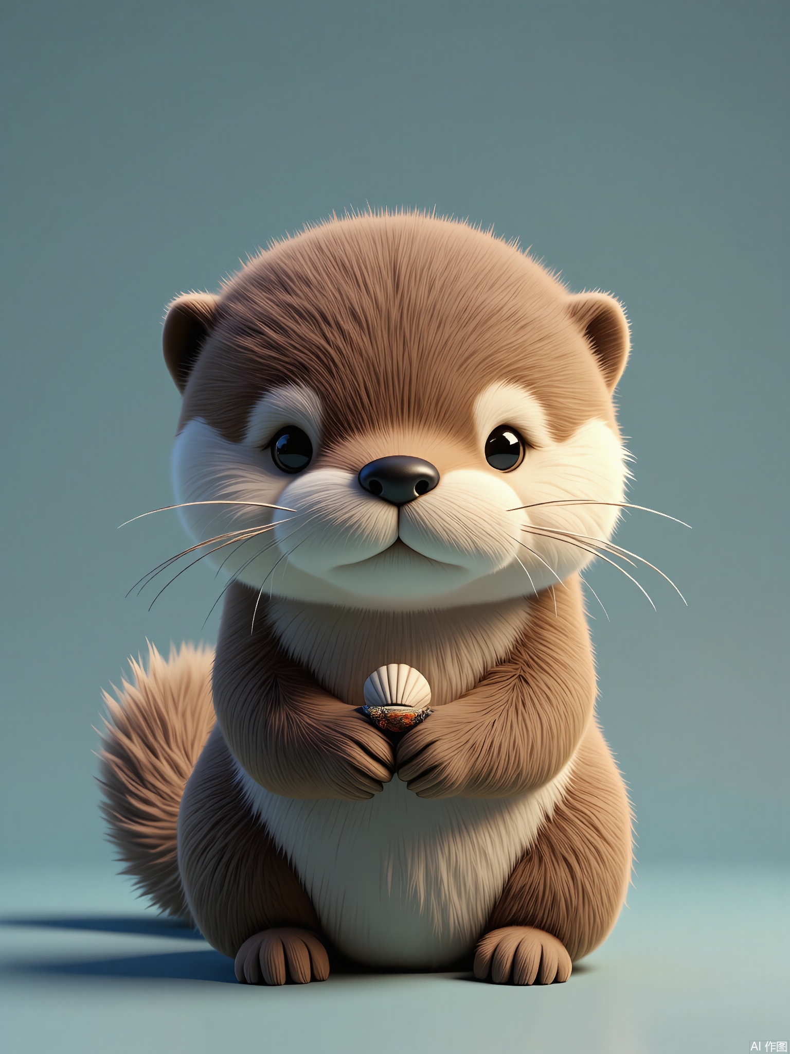 DWXX,
Detailed CGI render of a baby sea otter with dense fur, whiskered face, and a playful expression. It floats on its back, holding a shell charm, against a teal-blue background. Soft lighting and lifelike textures create a heartwarming scene.
