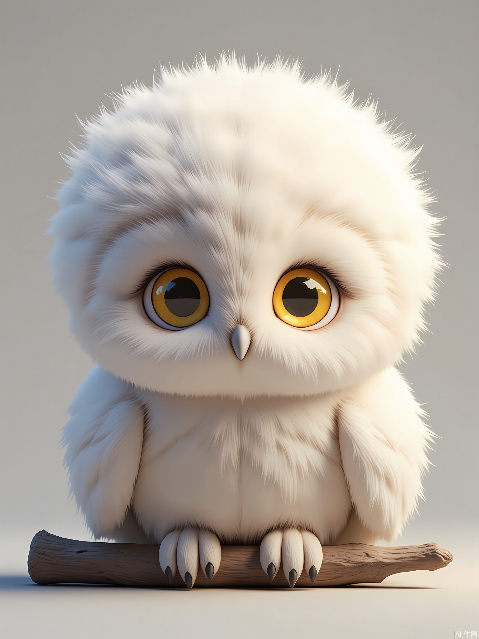 DWXX,
Detailed CGI image of a snowy owl chick with fluffy feathers, golden eyes, and a feathered crest. It huddles on a branch charm, against a soft-gray background. The style balances realism with a dreamy, ethereal quality.
