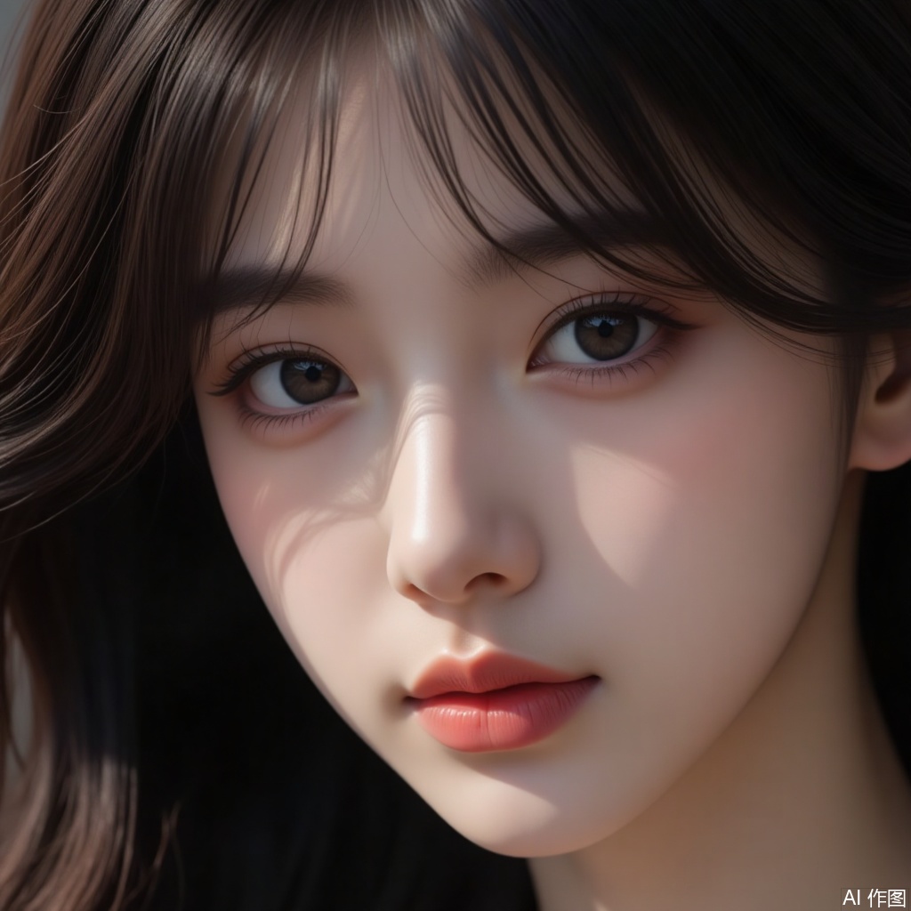 Ultra-detailed close-up headshot of a young woman.looking at viewer,uminousLashes,DelicateFringe,SubtleGlow,EtherealGaze,RefinedFeatures,side-view