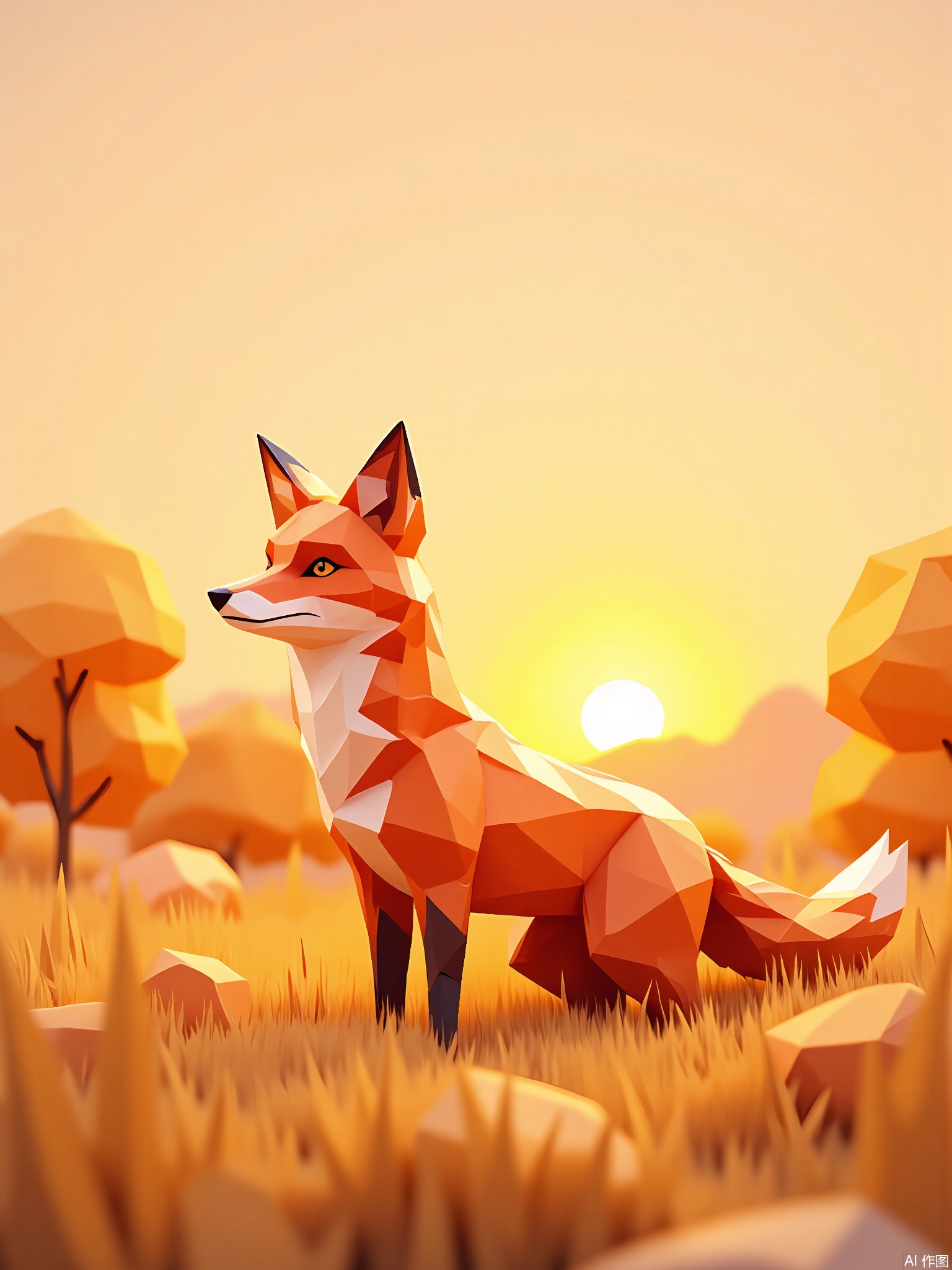 DBX, a digital illustration of a fox, depicts a sunset meadow in warm orange. The fox is designed with geometric polygon patterns, featuring a russet-red coat and a bushy, white-tipped tail. The background is filled with a gradient of orange, blending from a fiery sunset hue at the horizon to a pale peach at the sky's edge, creating a serene and inviting atmosphere. The fox stands proudly in the center, surrounded by stylized grass, exuding a sense of wild elegance. This illustration has a contemporary, rustic feel with simple lines and warm, earthy colors.
