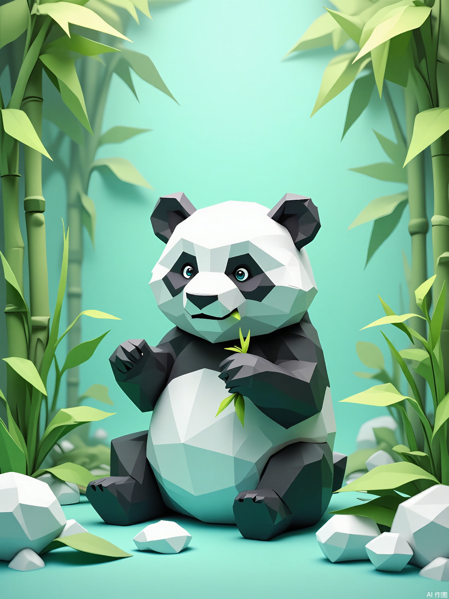 DBX, a digital illustration of a panda, presents a bamboo forest in soft mint. The panda is crafted with geometric polygon patterns, featuring a fluffy black-and-white coat and round, endearing eyes. The background is filled with a gradient of mint, from a darker shade at the top to a lighter one at the bottom, creating a peaceful and refreshing atmosphere. The panda sits centrally among stylized bamboo stalks, munching on leaves, adding to the scene's tranquility. This illustration has a contemporary, cute feel with clean lines and cool, pastel tones.

