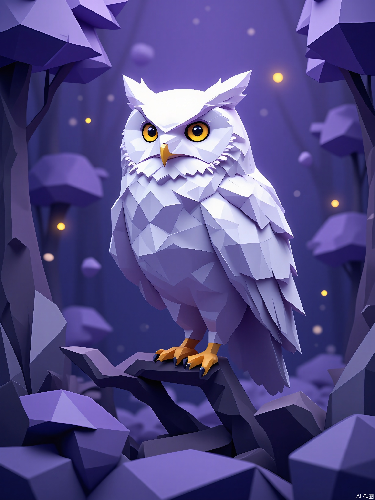 DBX, a digital illustration of an owl, portrays a twilight forest scene in deep purple. The owl is crafted with geometric polygon patterns, showcasing fluffy gray-white feathers and piercing yellow eyes. The background is bathed in a smooth gradient of purple, from midnight at the top to a soft lavender at the bottom, evoking a sense of mystery and calm. The owl perches centrally on a stylized branch, its gaze fixed ahead, enhancing the nocturnal ambiance. This illustration has a modern, enigmatic appearance with clean lines and cool, muted tones.
